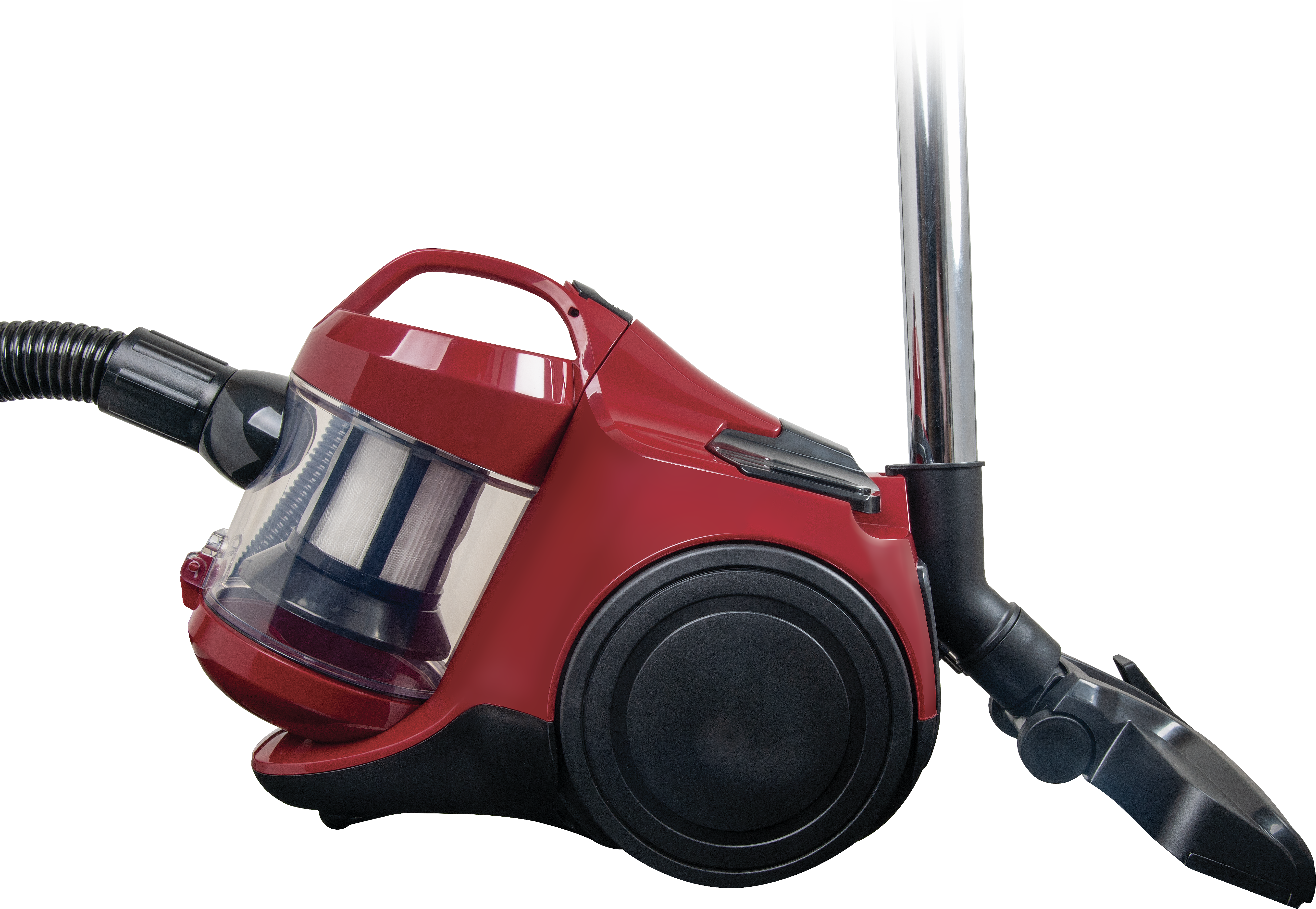 Aspirateur rouge, roues noires et un conteneur à poussière transparent.