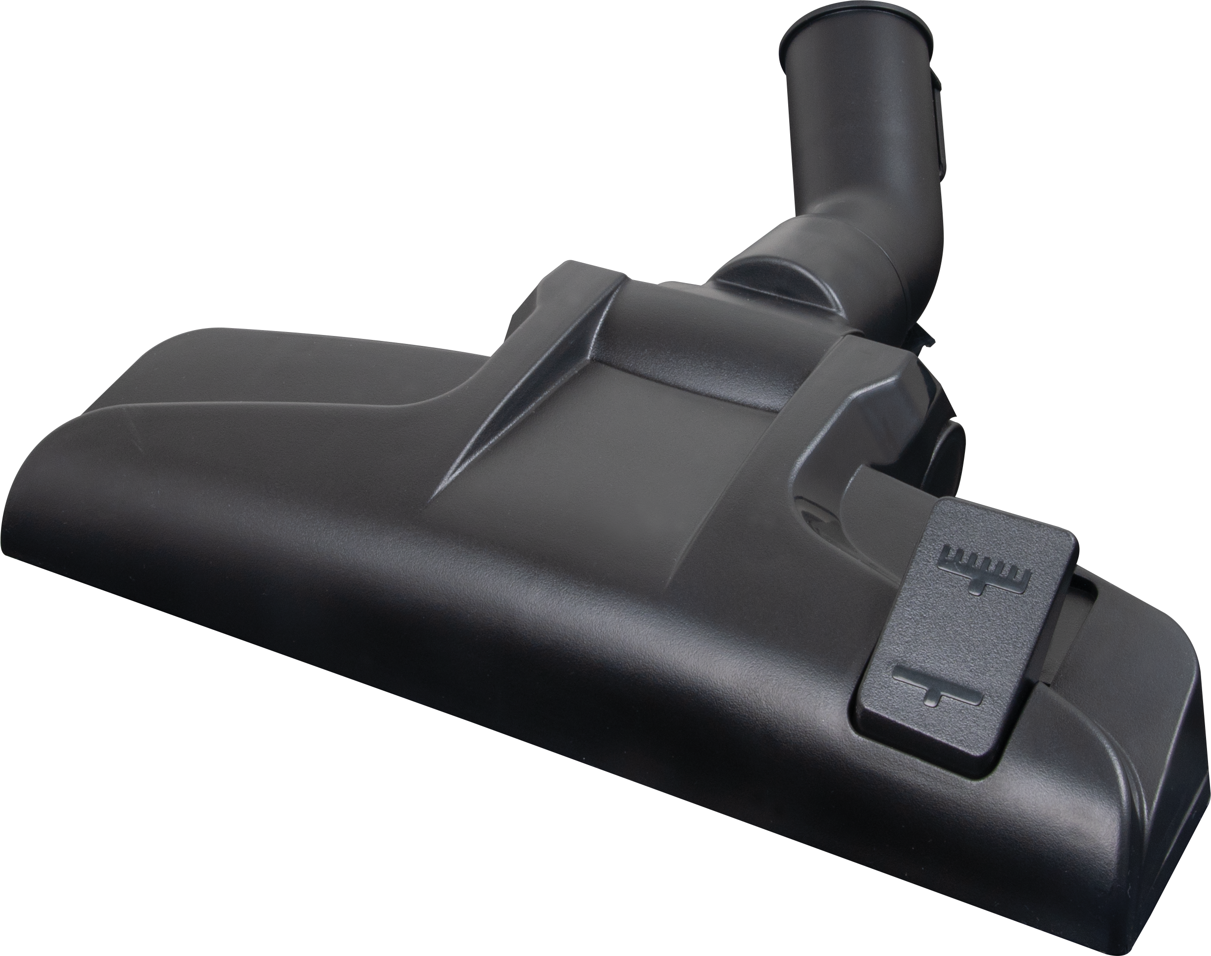 Une tête d'aspirateur noire. La tête est rectangulaire avec un interrupteur de réglage sur le dessus.