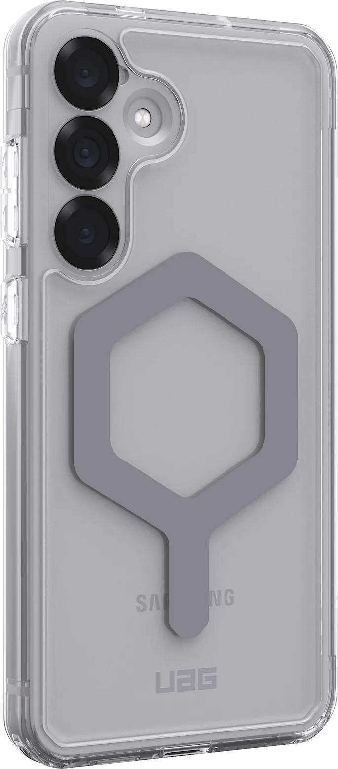 Une coque de téléphone transparente avec une forme hexagonale grise et une triple caméra.