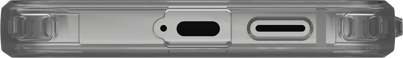 Bas de coque de téléphone avec ouvertures de ports, USB-C, haut-parleur et trous de microphone. Matériau transparent.