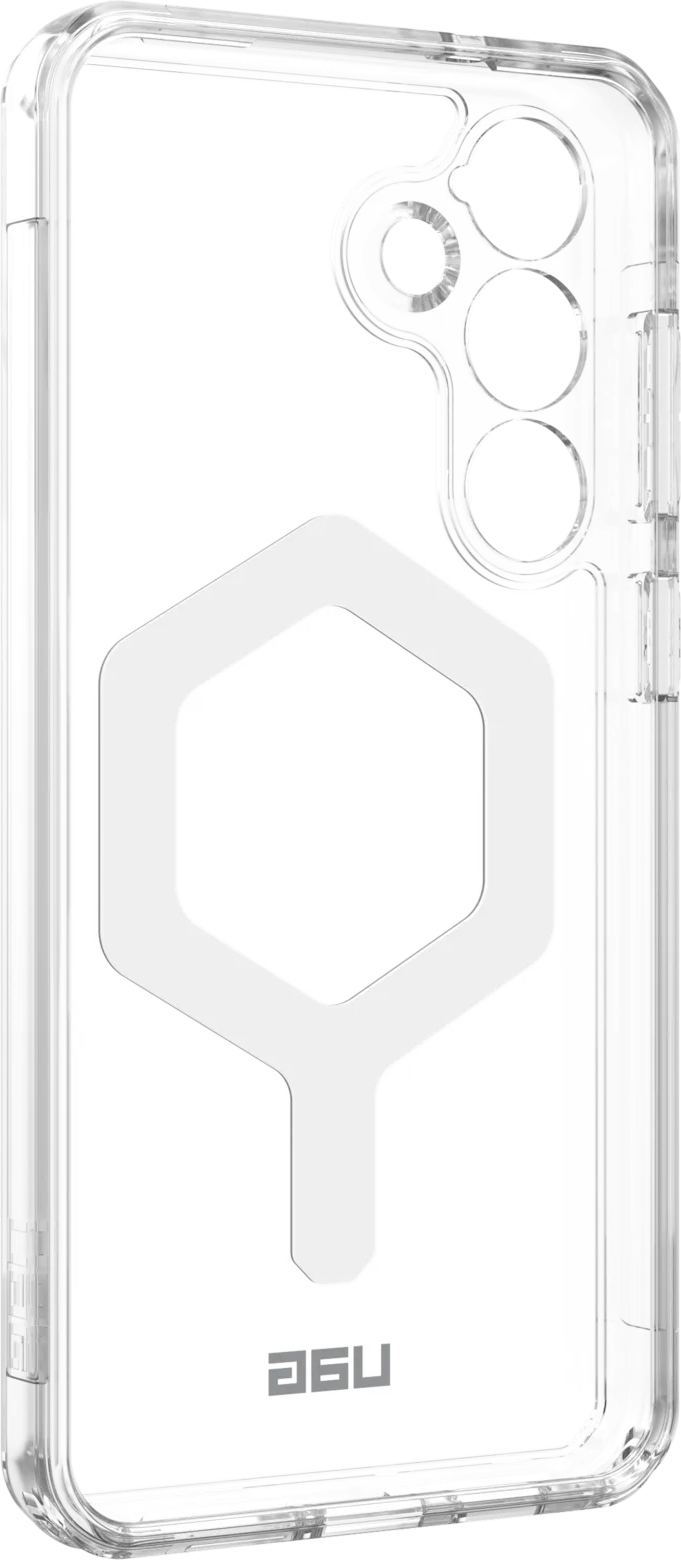 Une coque de téléphone transparente. Elle a une forme d'hexagone avec une découpe pour un téléphone et un logo en bas.