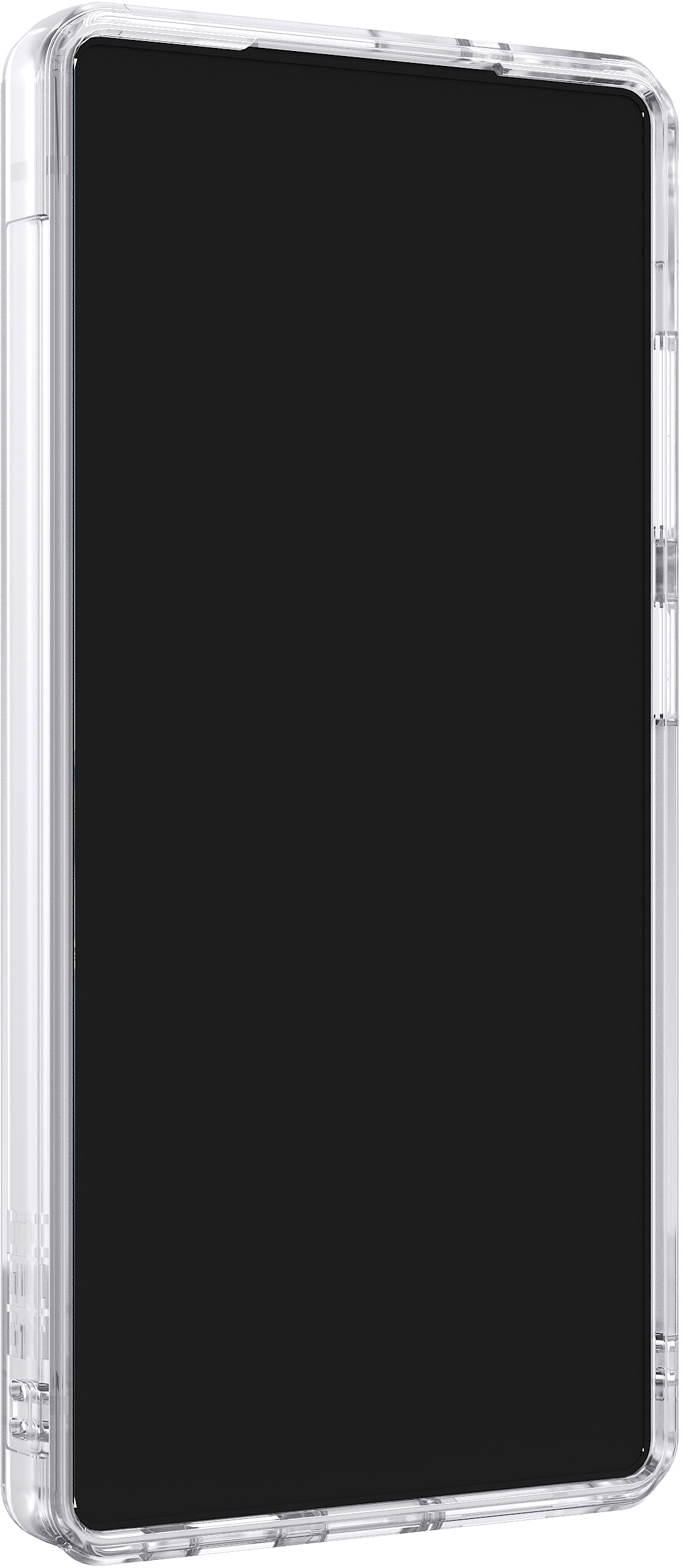 Un téléphone dans une coque transparente, vu de côté.