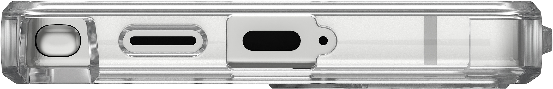 Bas de coque de téléphone avec ouvertures de ports, USB-C, haut-parleur et trous de microphone. Matériau transparent.