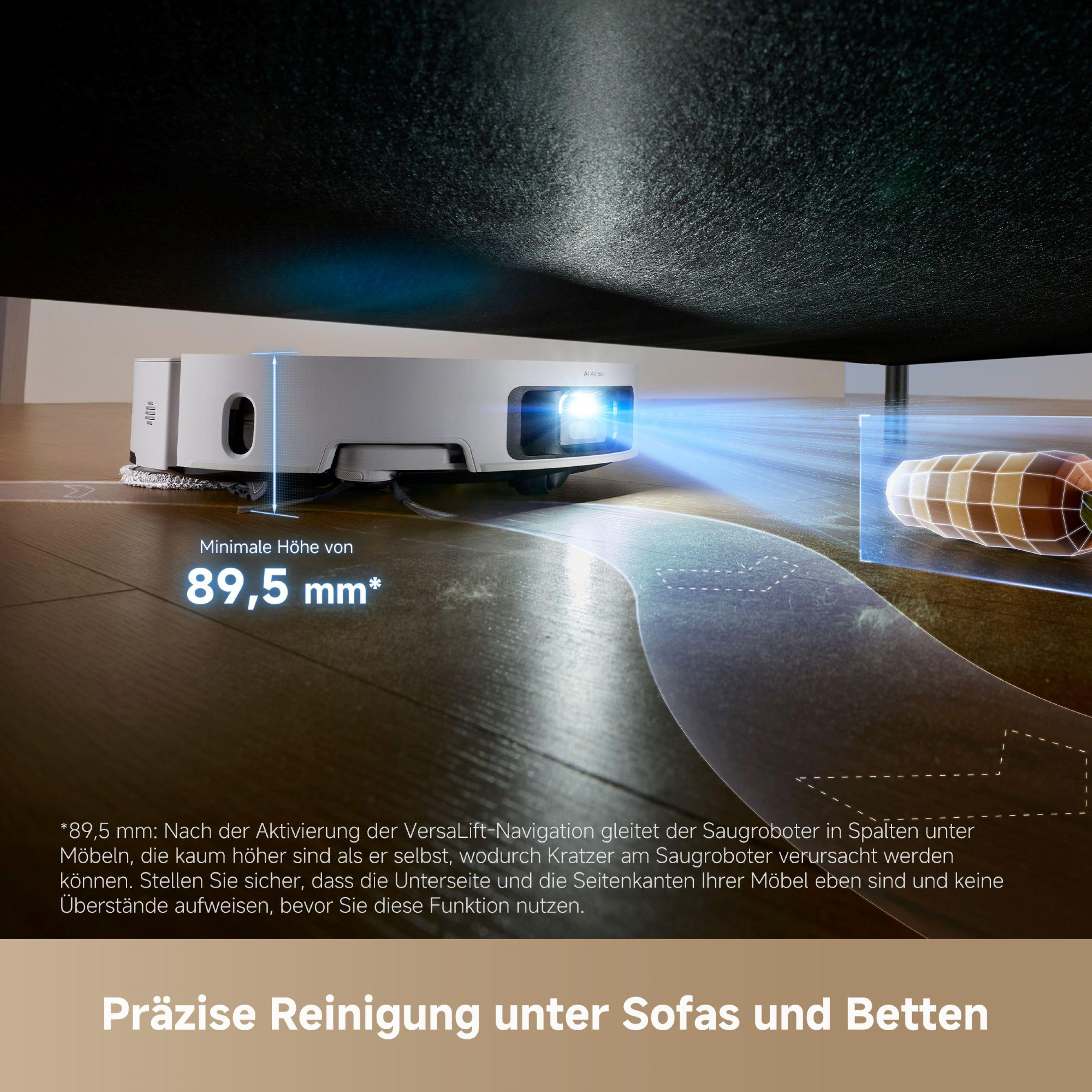 Roboter-Staubsauger, der unter Möbeln reinigt, mit Text über Reinigung unter Sofas und Betten.