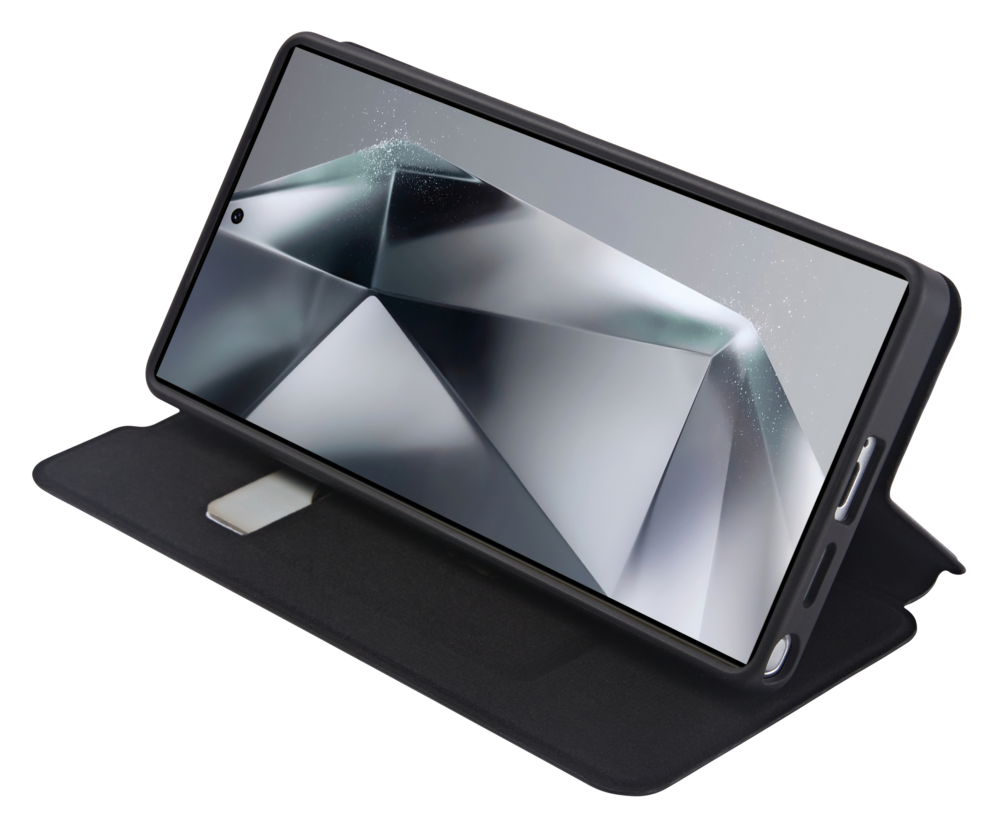 Schwarzes Tablet in einer schwarzen Hülle, aufgestellt. Der Bildschirm zeigt ein digitales abstraktes Design.