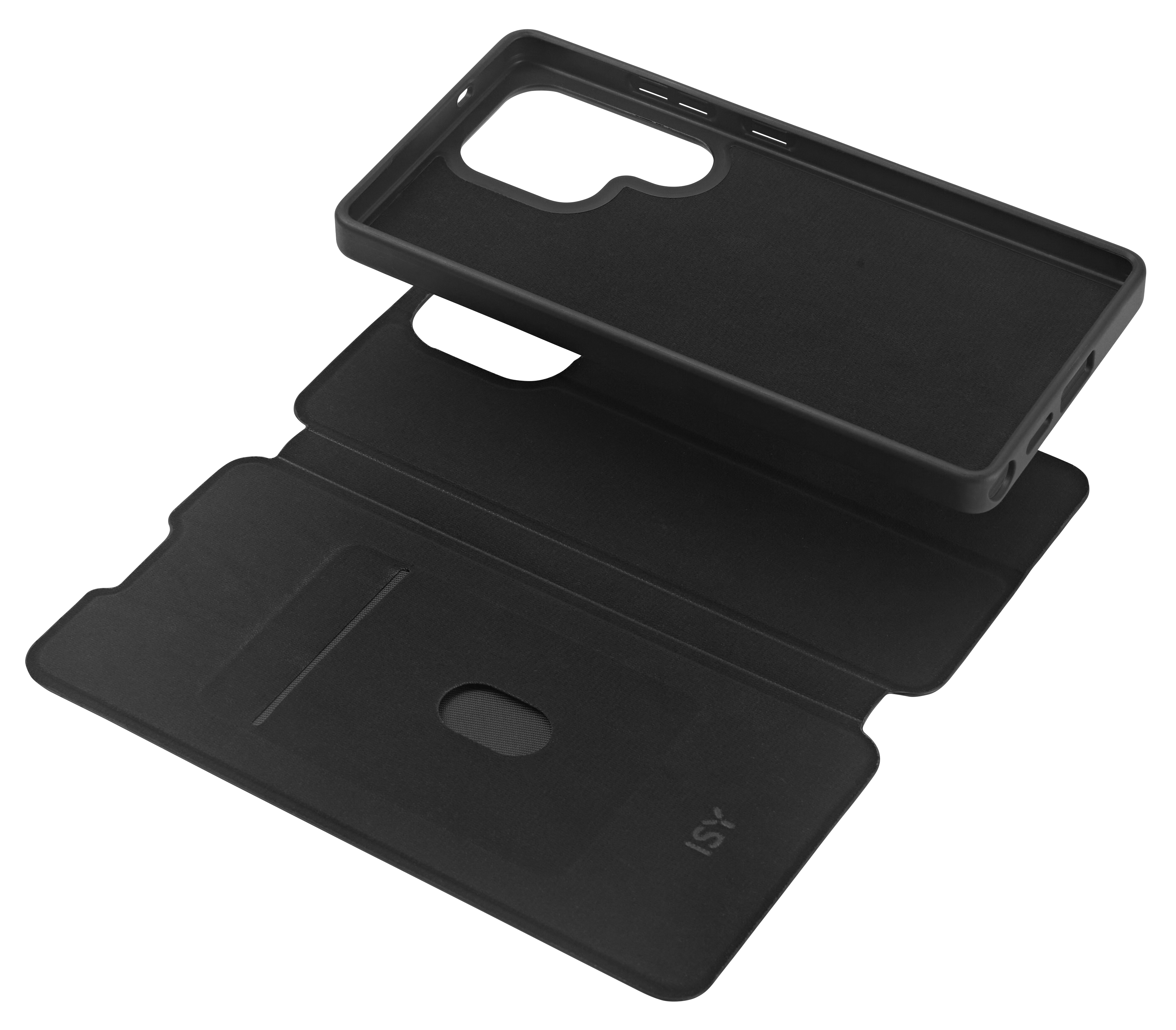 Schwarze Handyhülle mit offenem, geschichtetem Design. Zeigt den Kameraausschnitt des Telefons.