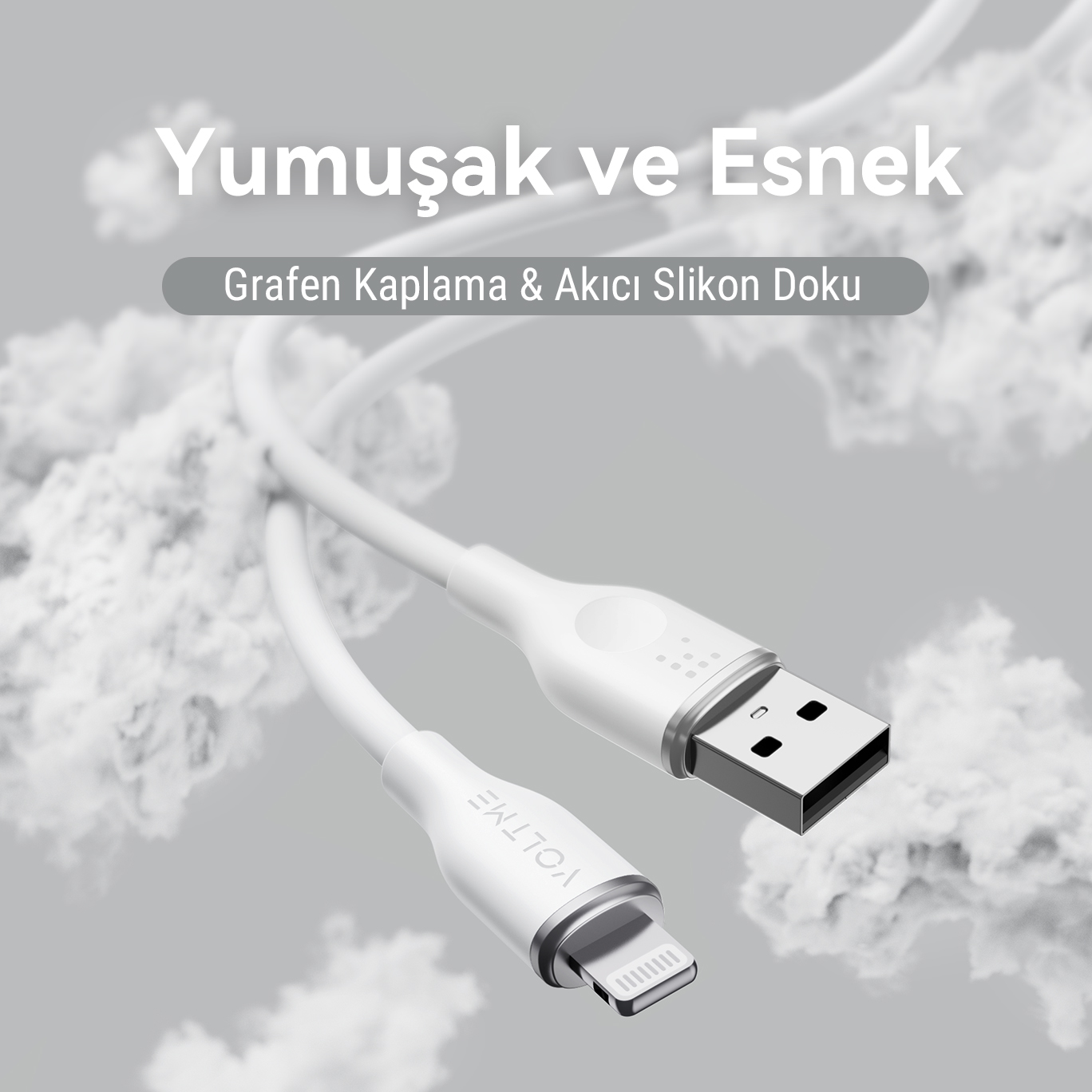 Beyaz USB - Lightning kablosu. Metinde 'Yumuşak ve Esnek' ve 'Grafen Kaplama & Akıcı Silikon Doku' yazıyor.