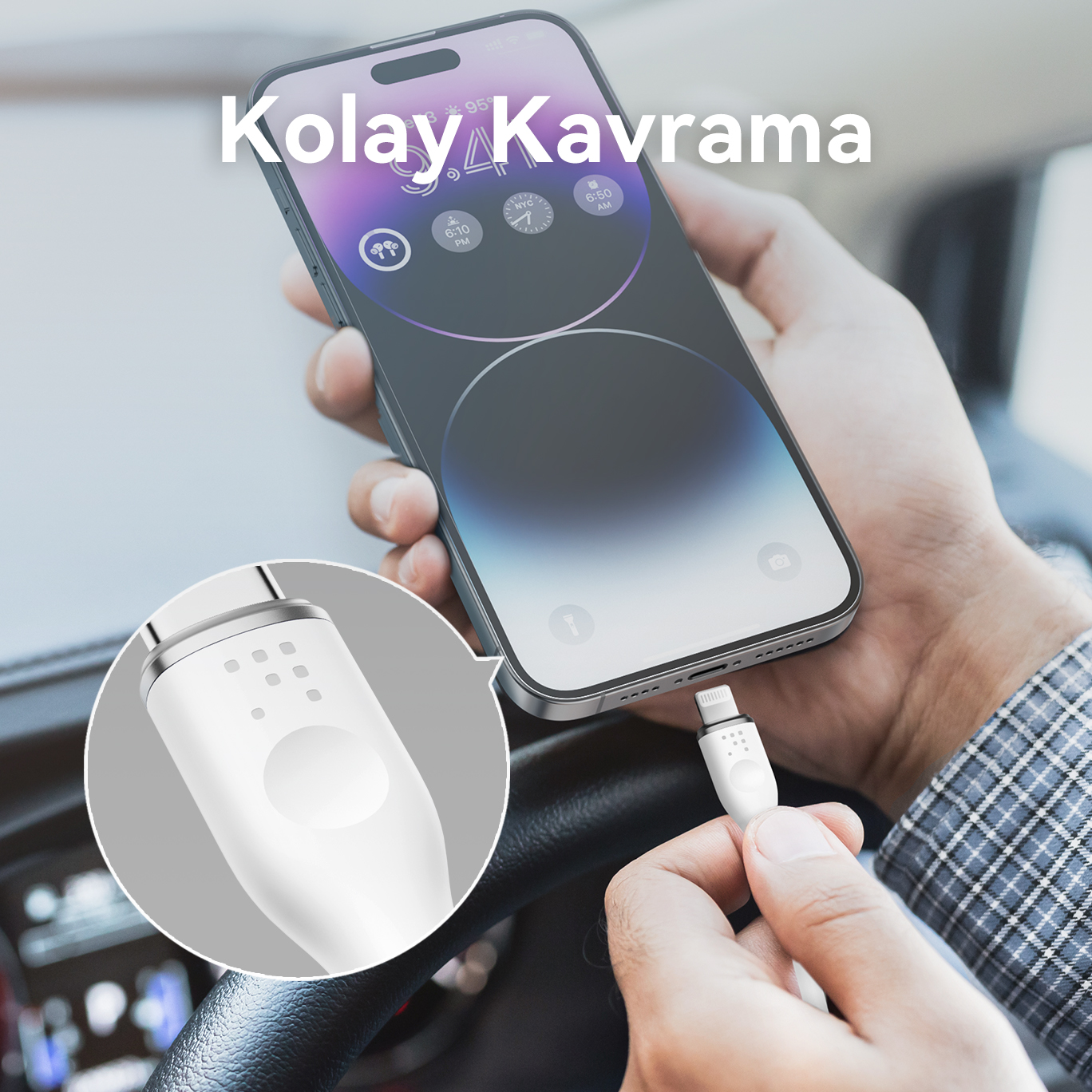 Bir telefona takılı beyaz bir şarj kablosu. 'Kolay Kavrama' metni görünür.