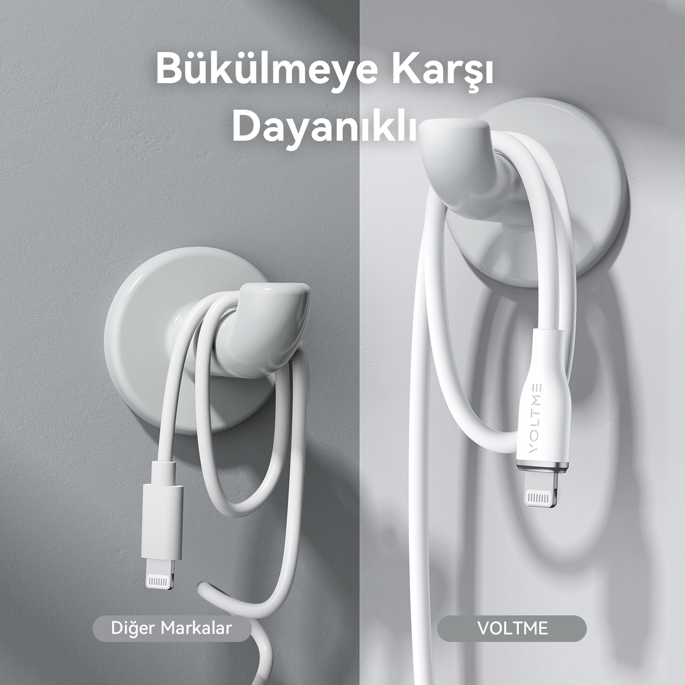 VOLTME logosu ile iki beyaz şarj kablosu askılarda asılı.