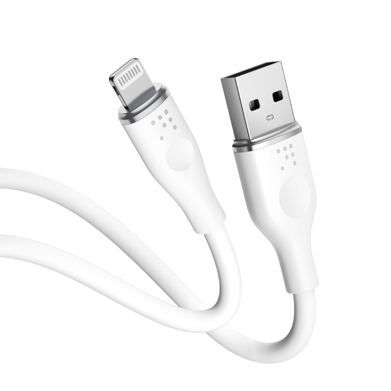 Lightning konektörlü ve USB-A konektörlü beyaz USB kablosu, siyah zemin üzerinde.