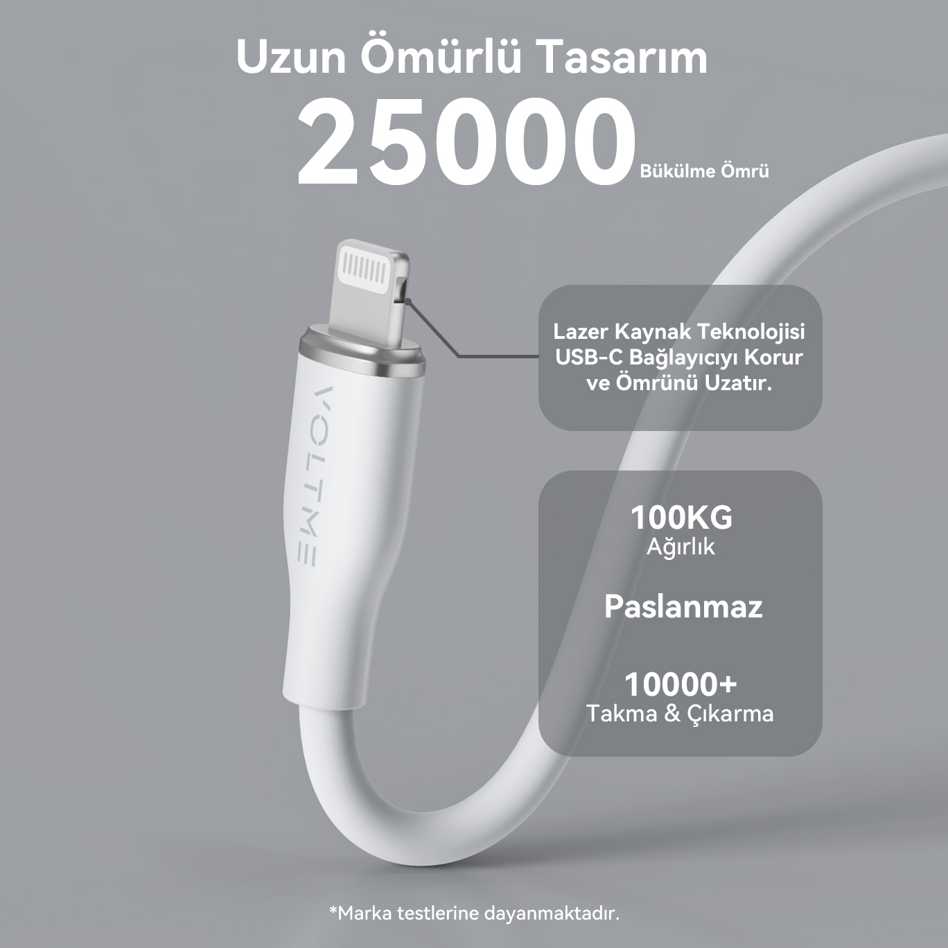 Lightning konnektörlü beyaz bir kablo ve Türkçe ürün açıklaması.