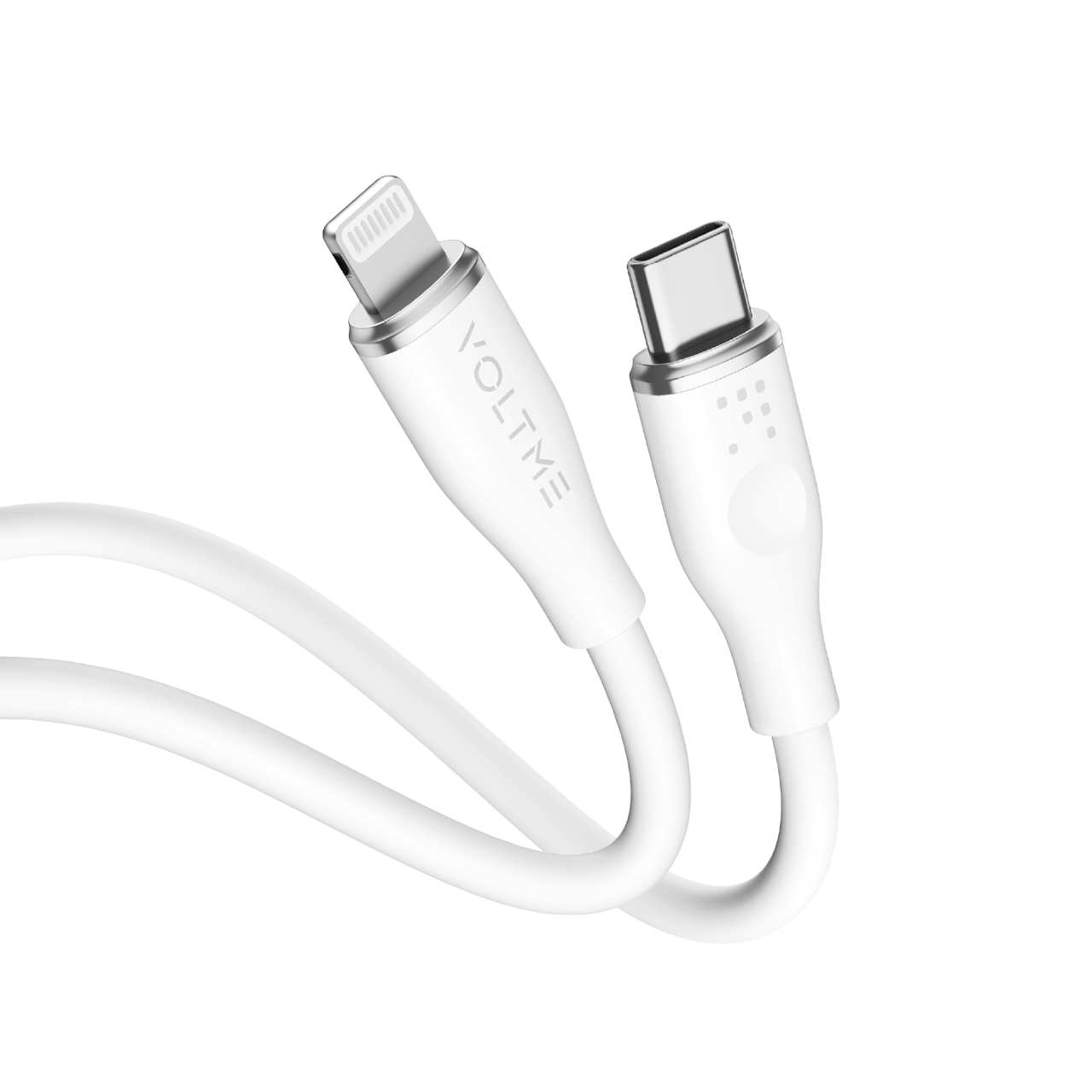 Beyaz USB-C - Lightning kablosu. Kabloda Voltme marka adı. Siyah arka plan.