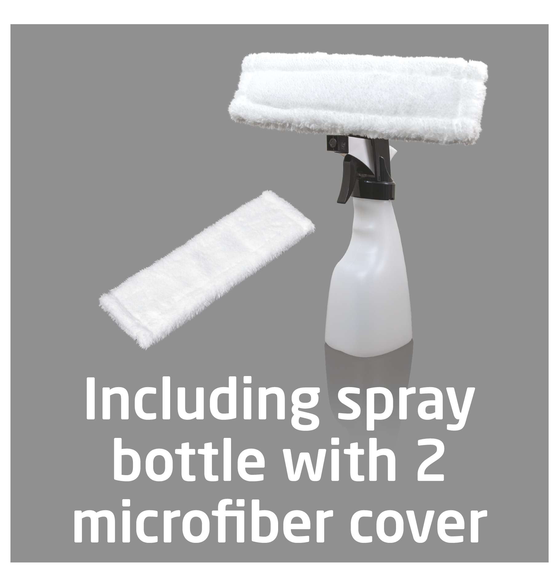 Eine Sprühflasche mit zwei Mikrofaserbezügen.
