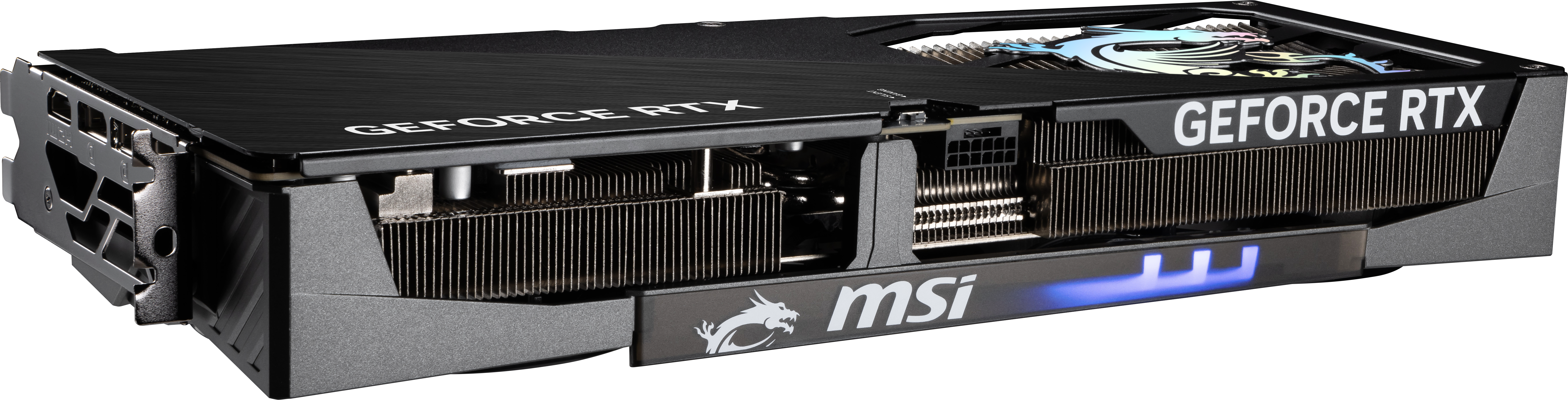 Eine schwarze MSI GeForce RTX Grafikkarte mit metallischen Kühlrippen, dem MSI-Logo und dem Schriftzug "GEFORCE RTX".
