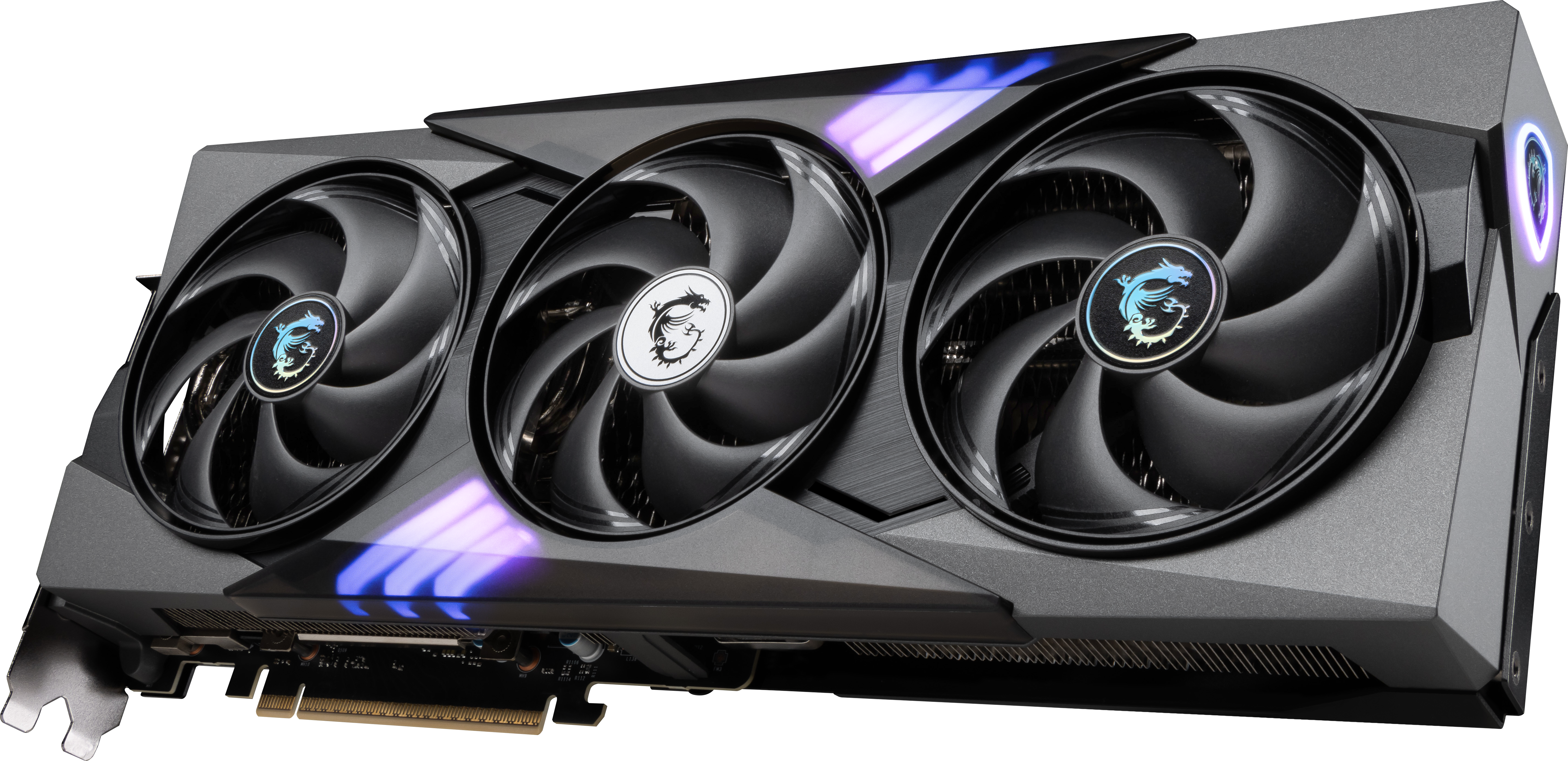 Eine graue Grafikkarte mit drei Lüftern, dem MSI-Logo und LED-Leuchten an der Seite.