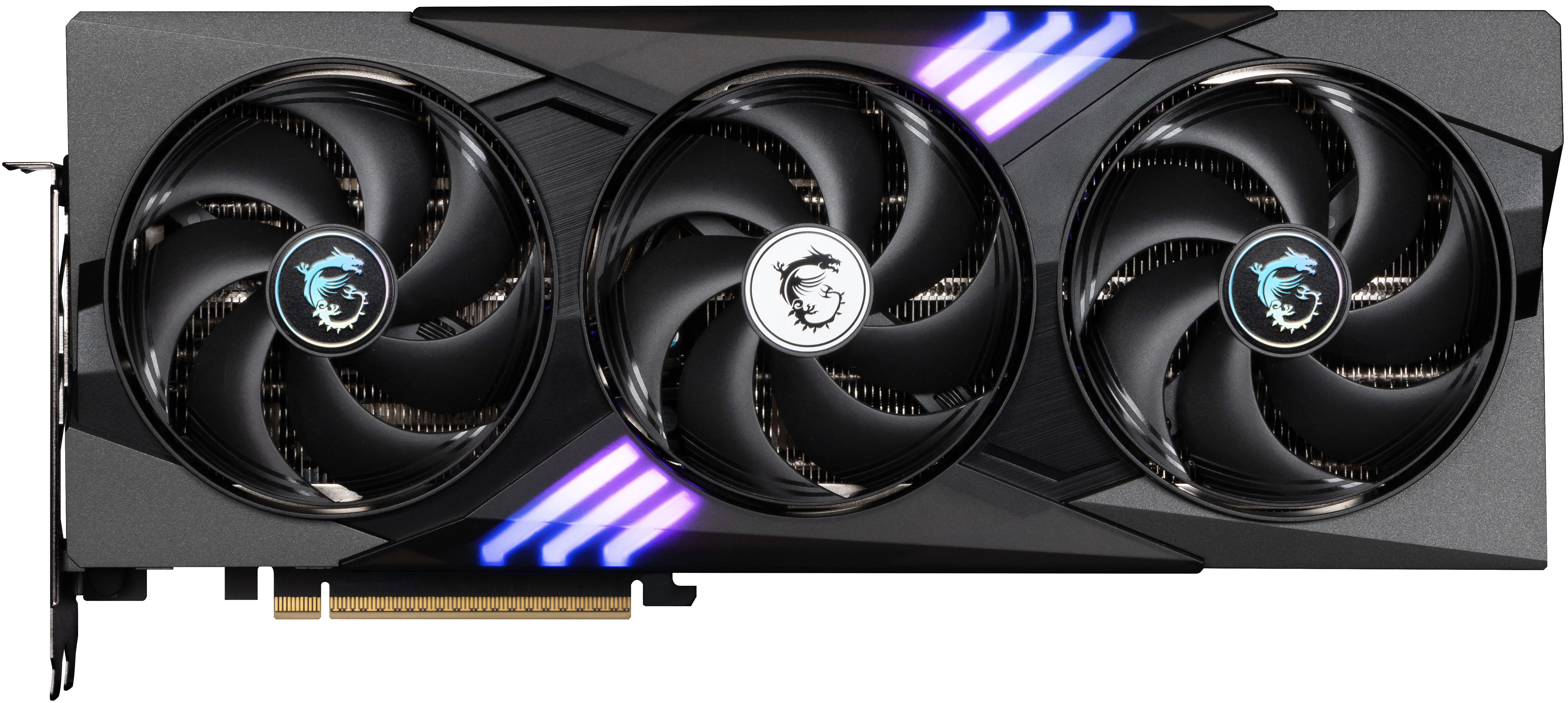 Nahaufnahme einer Grafikkarte mit drei Lüftern und dem MSI-Logo.