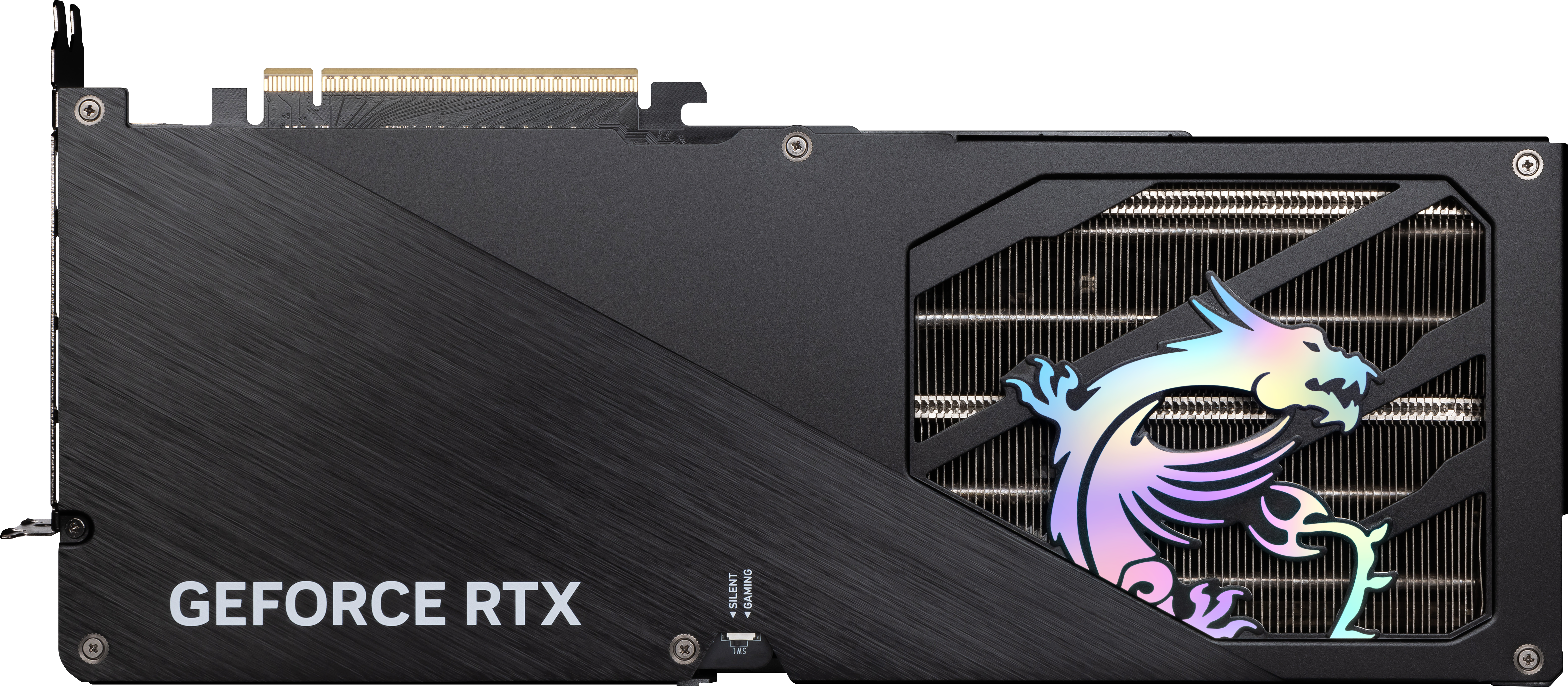 Grafikkarte, schwarz mit MSI-Logo und Drachendesign. Der Hintergrund ist schwarz.