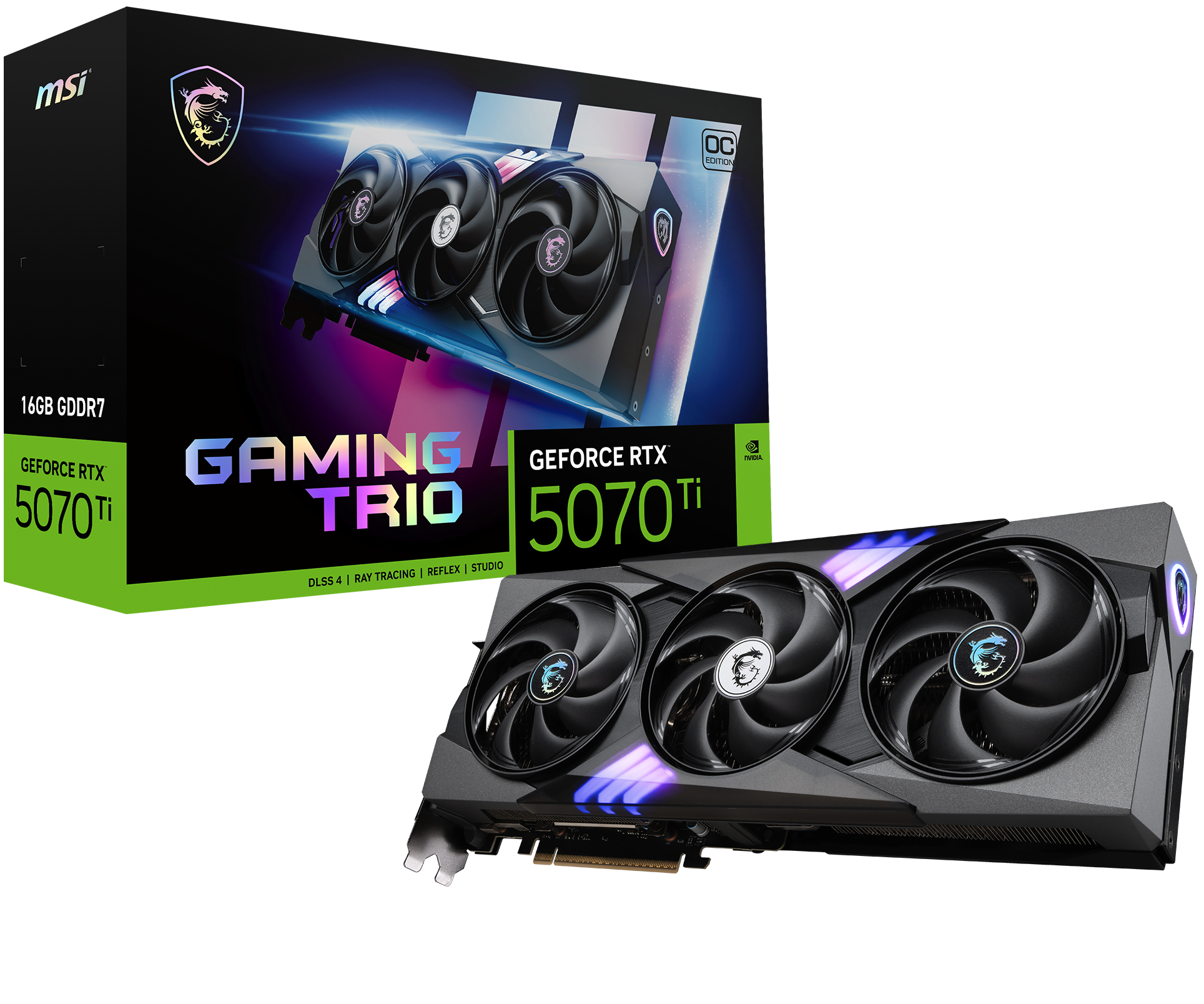 MSI GeForce RTX 5070 Ti Gaming Trio Grafikkarte und ihre Box. Schwarze Lüfter auf grauer Karte.