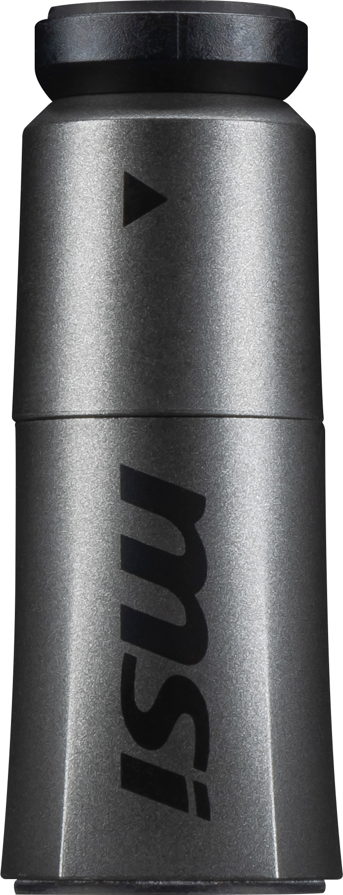 Silbernes Metallobjekt mit 'msi'-Logo in Schwarz, schwarzem Ober- und Unterteil. Schwarzer Hintergrund.