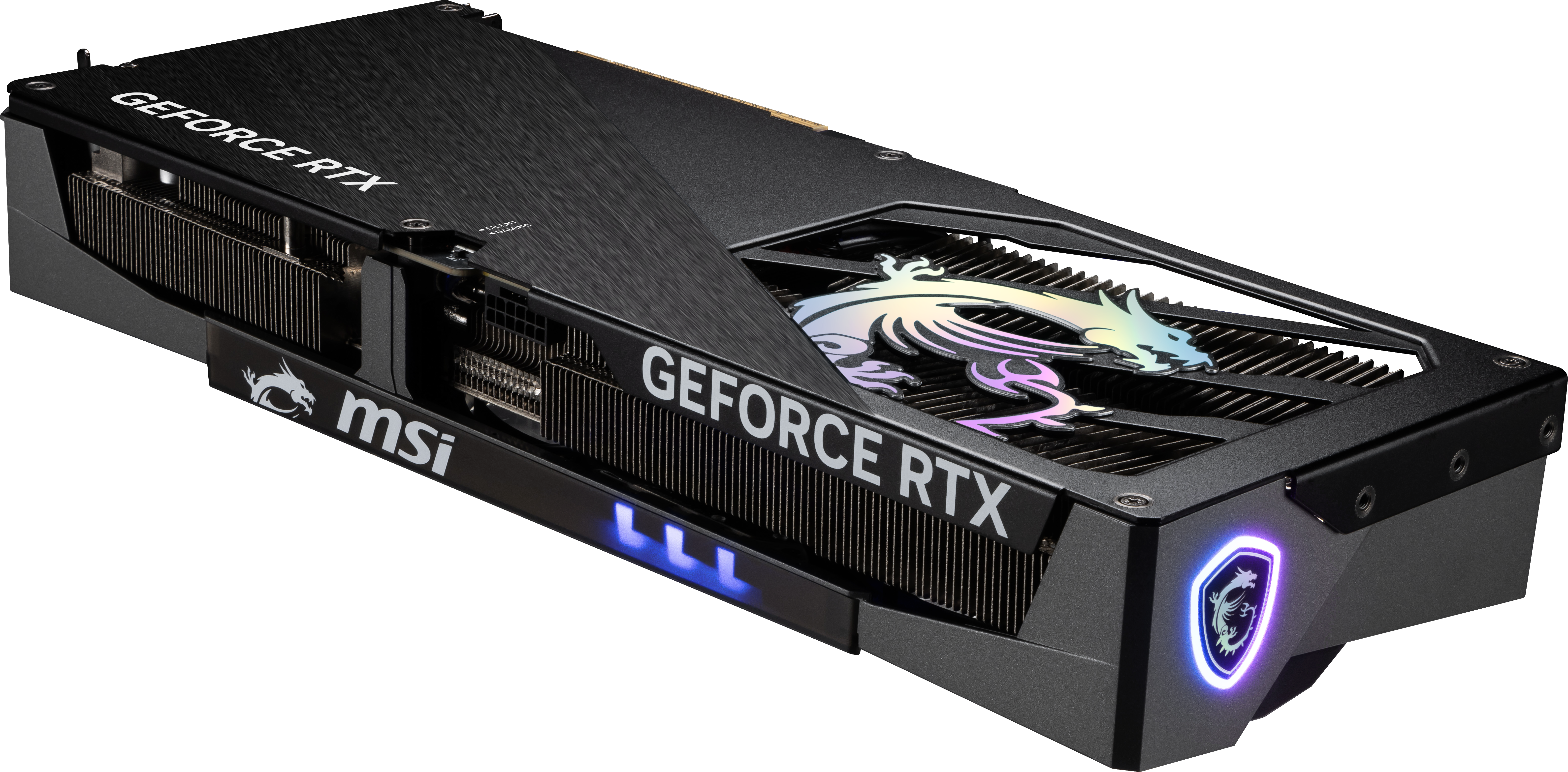 Schwarze und silberne GeForce RTX Grafikkarte.  Lüfter, MSI- und GeForce RTX-Logos.