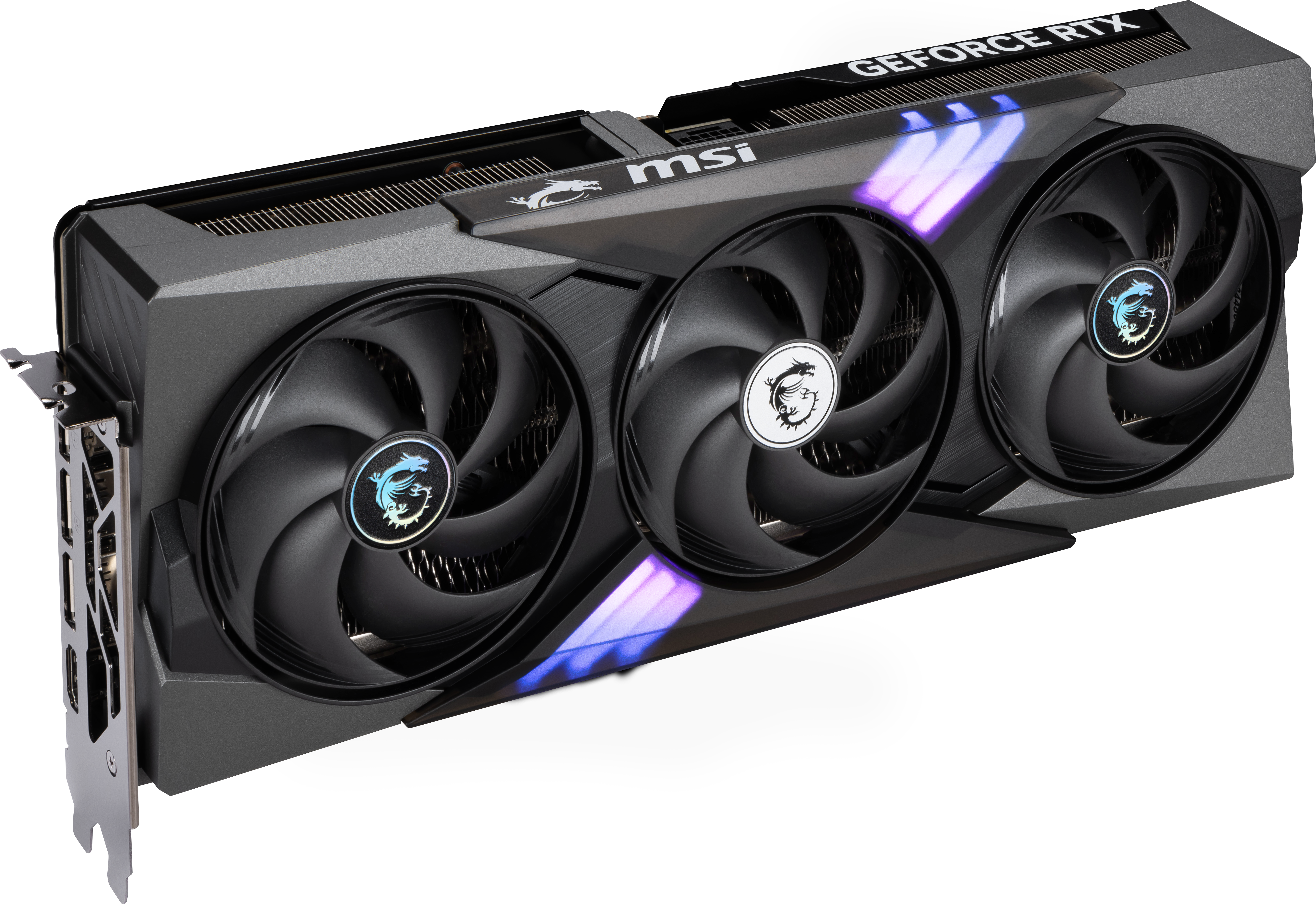 MSI GeForce RTX Grafikkarte mit drei Lüftern. Es hat ein schwarz-graues Design mit Logos.