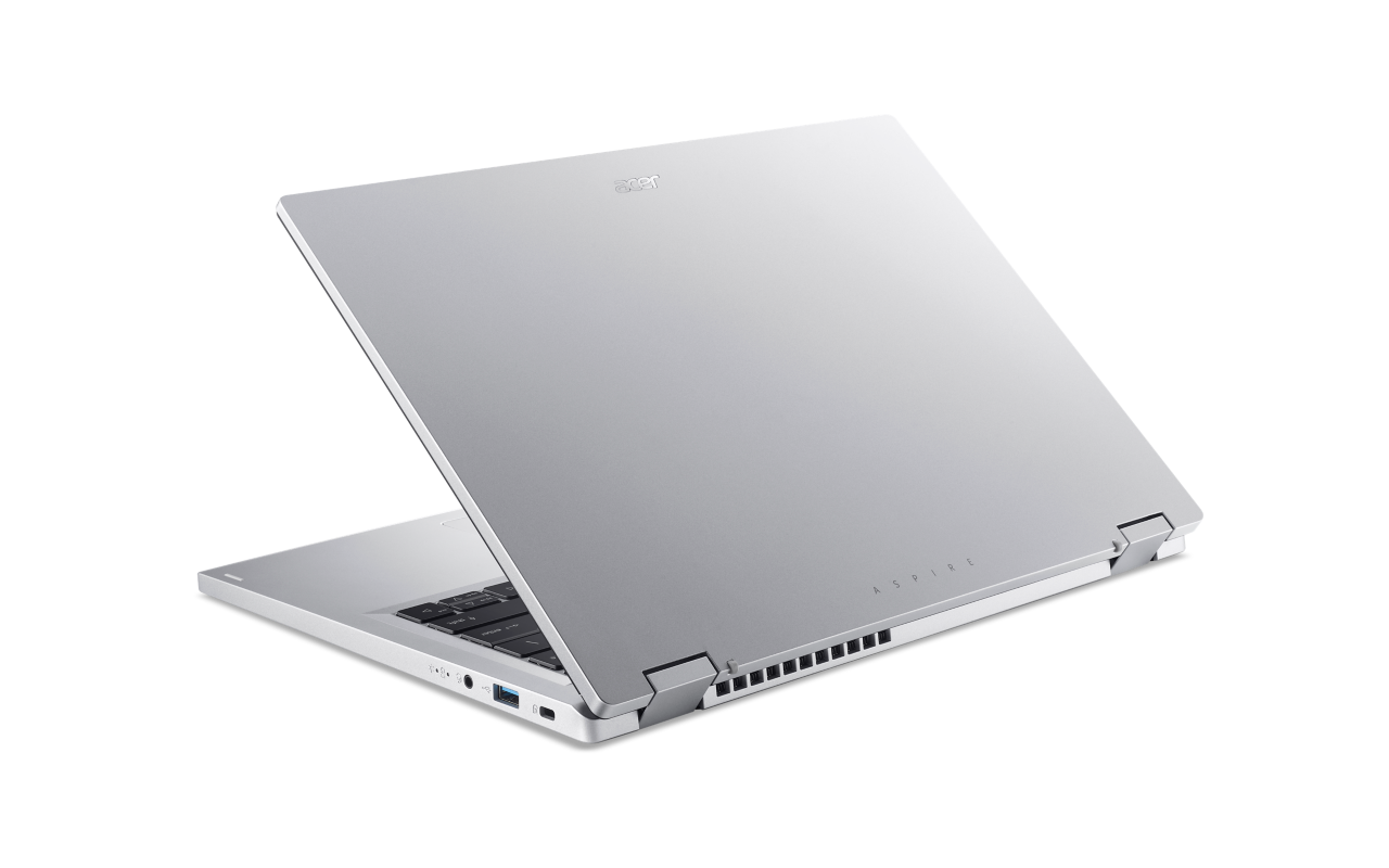 Silberner Laptop, im Winkel geöffnet, mit nach vorne gerichtetem Bildschirm. Aspire ist darauf geschrieben.