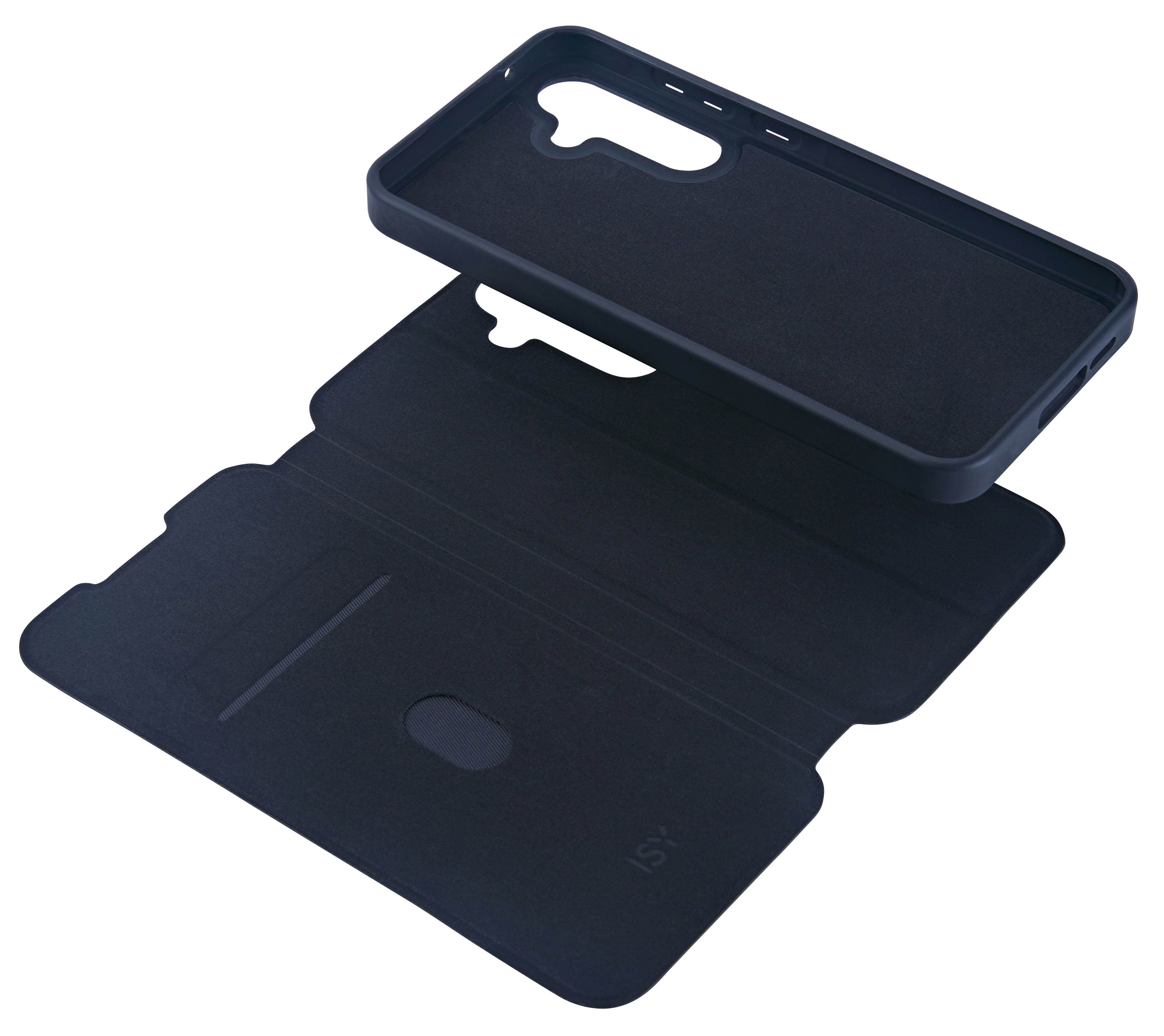 Eine schwarze Hülle für ein Telefon, mit offener Vorderseite.