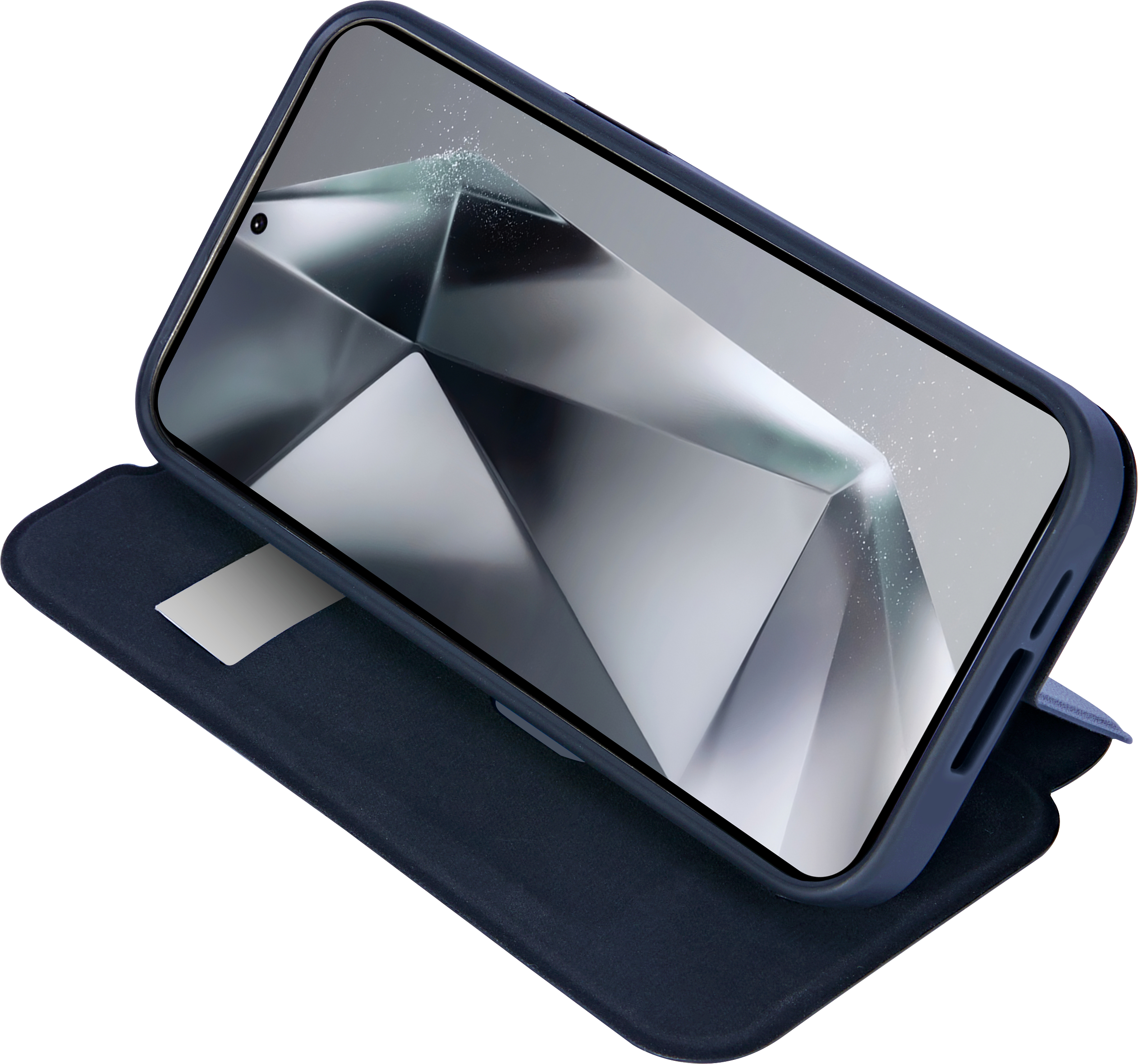 Eine blaue Handyhülle mit einem Telefon darin.