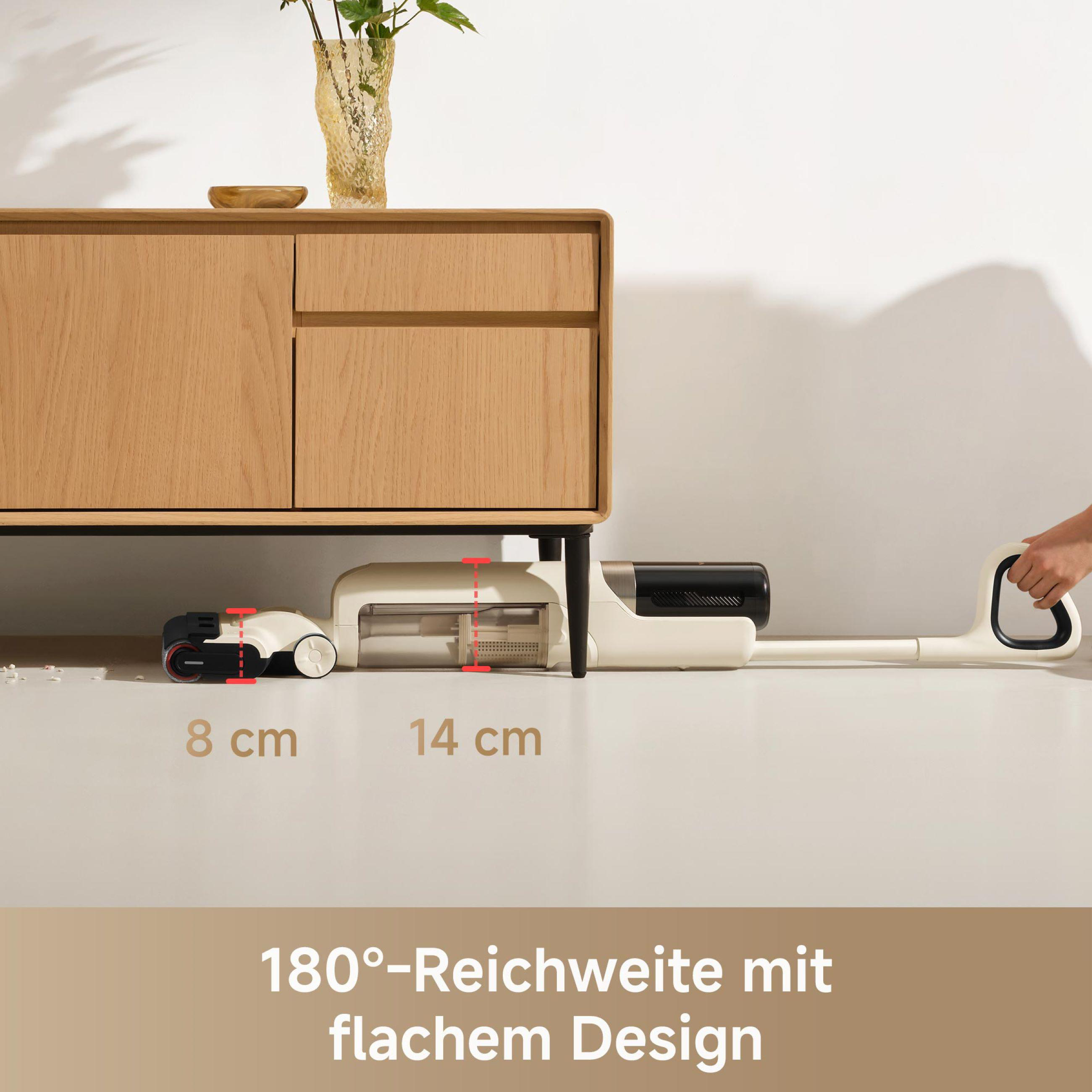 Staubsauger unter einem Holzschrank, mit Maßangaben.