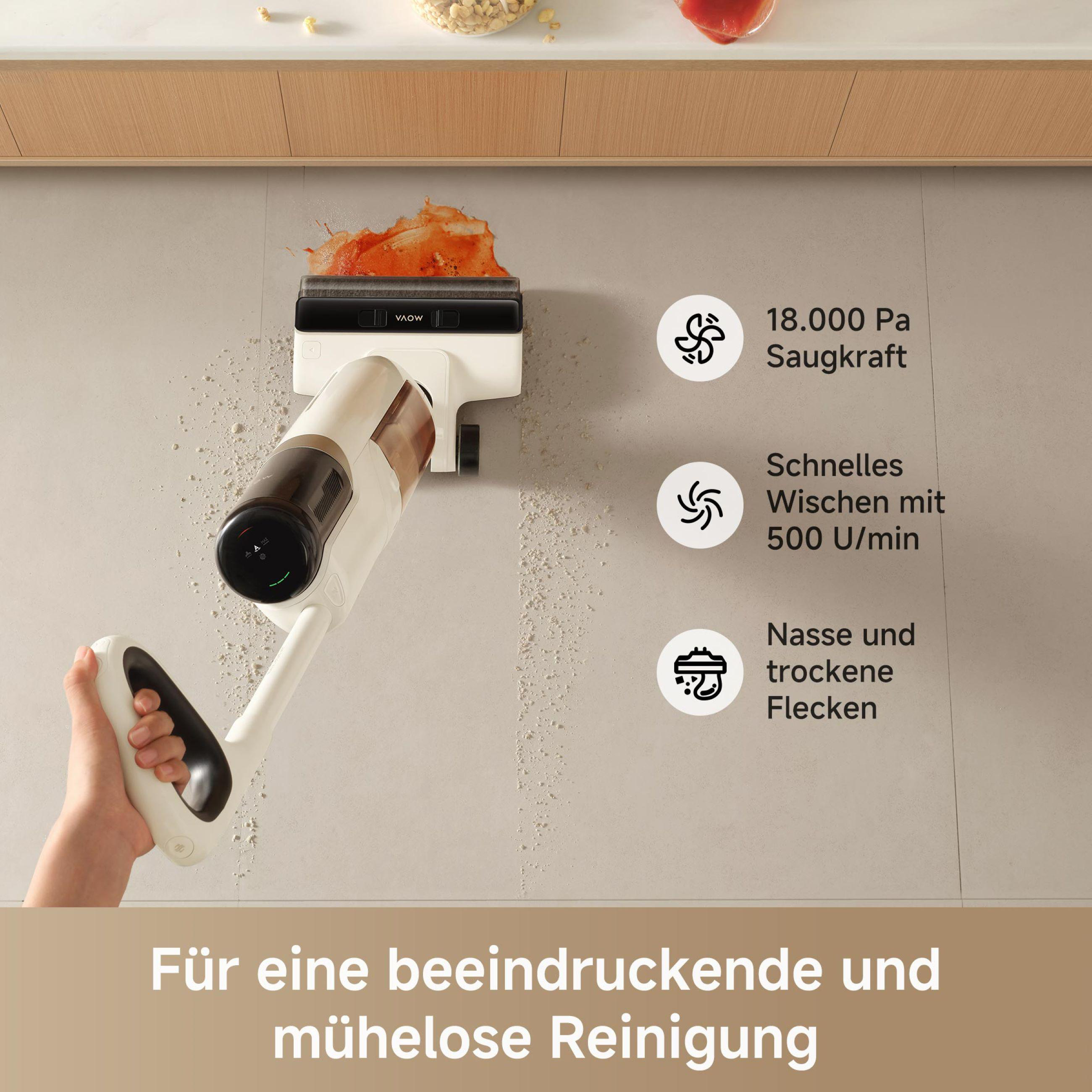 Ein weißer und brauner Staubsauger reinigt eine Oberfläche. Das Bild enthält Text über die Funktionen des Produkts.