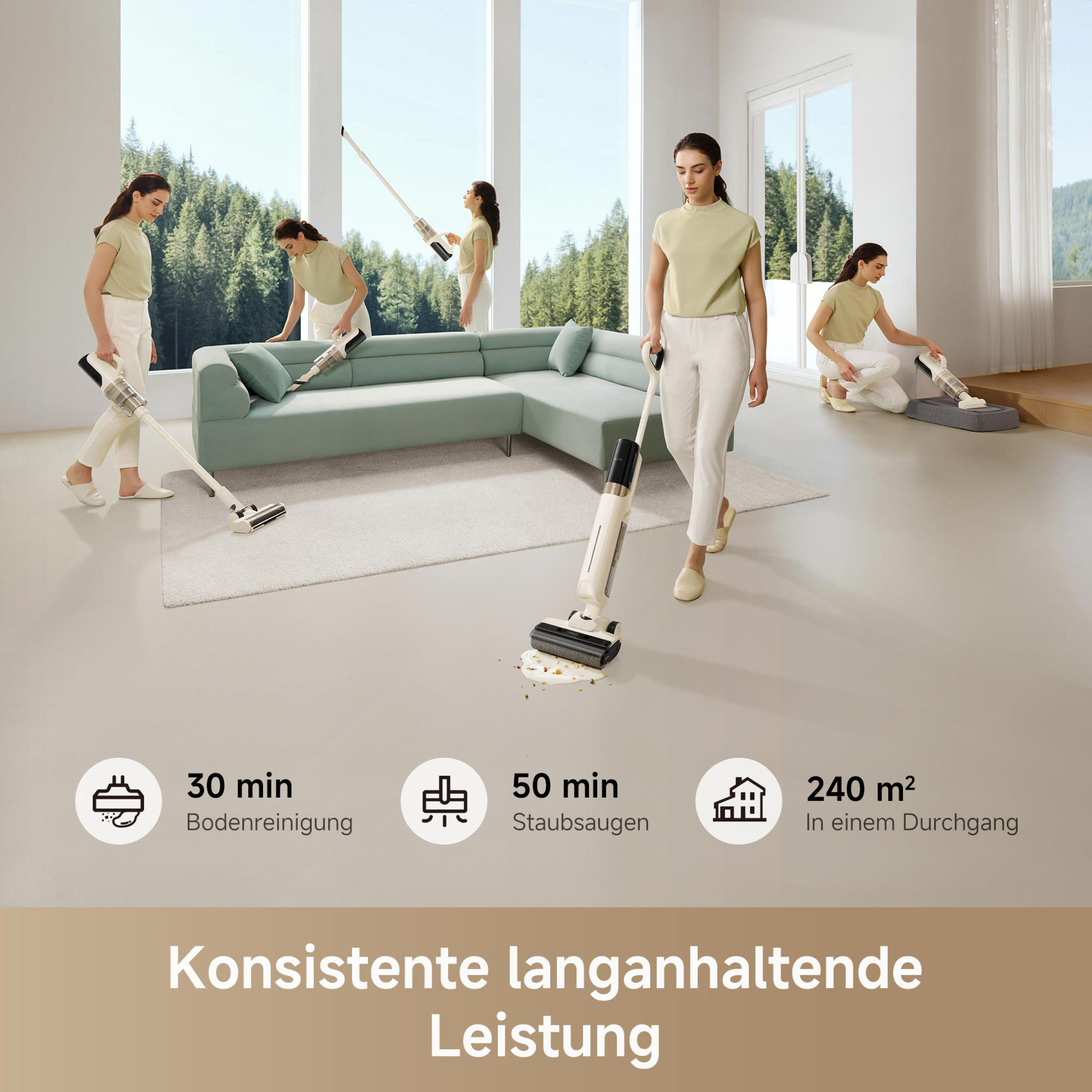 Mehrere Personen saugen, zeigt 30 Min. Bodenreinigung, 50 Min. Saugen und 240 m².