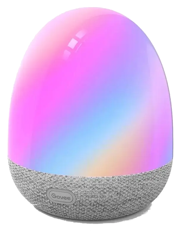 Lampa w kształcie jaja. Ma kolorowy gradient i szarą podstawę z tkaniny z napisem 'Govee'.