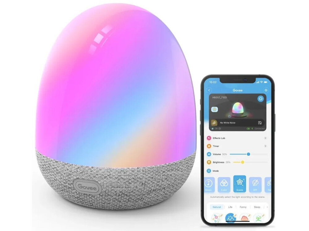 Nocna lampka w kształcie jajka z gradientem kolorów. Obok telefon z opcjami sterowania.