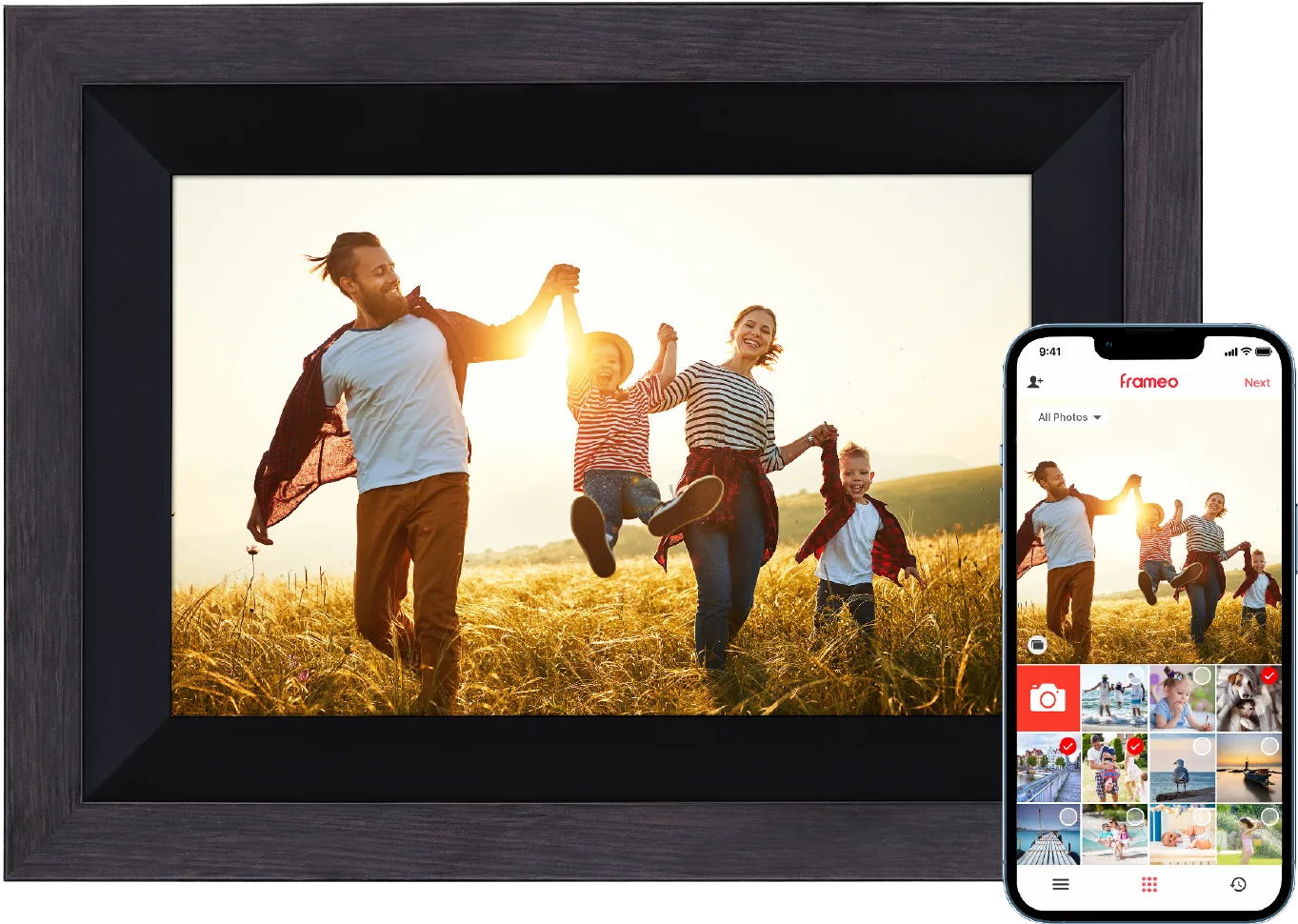 Cadre photo numérique montrant une famille courant dans un champ, avec une interface téléphonique.