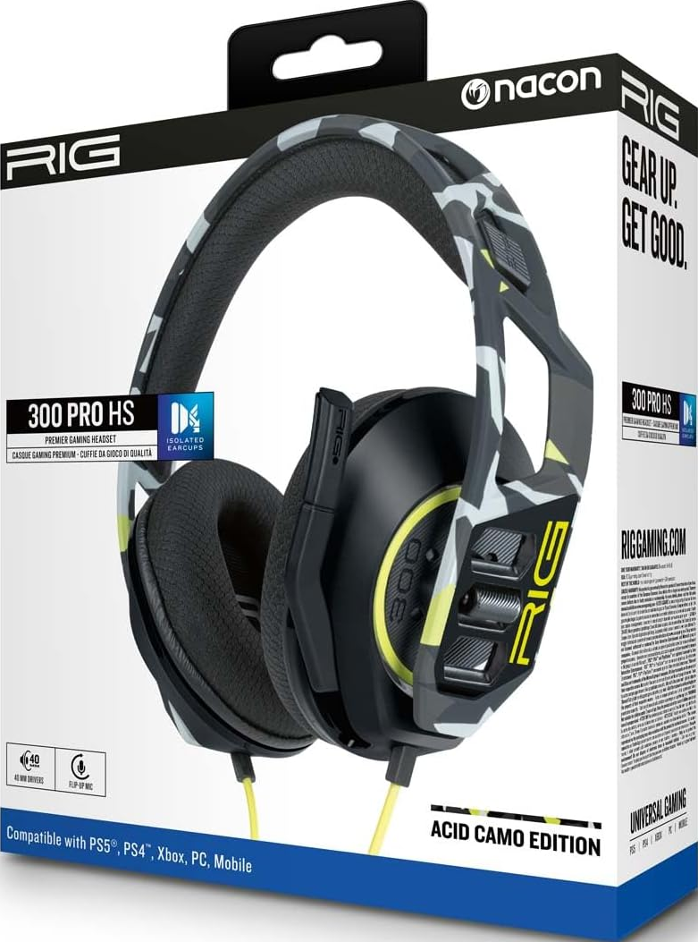 Eine Headset-Box mit Camouflage-Muster. Es ist ein Gaming-Headset und mit mehreren Konsolen kompatibel.