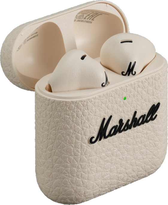 Auricolari e custodia. Bianco con logo e testo Marshall.