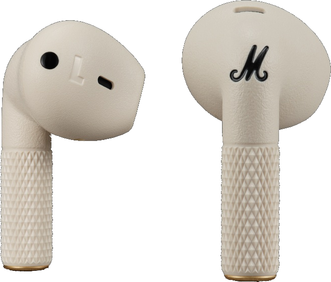 Due auricolari wireless Marshall beige, angolati e in primo piano su bianco.