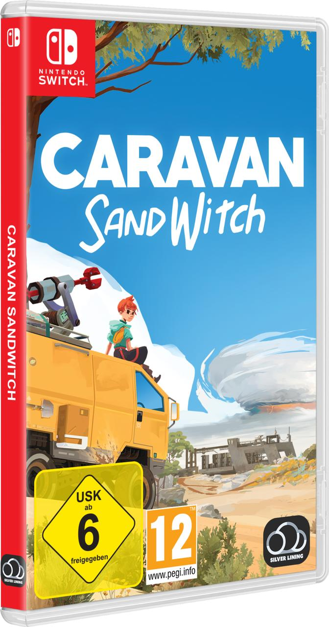 Spielbox für Caravan SandWitch, ein Spiel für Nintendo Switch, mit einem gelben Fahrzeug auf dem Cover.