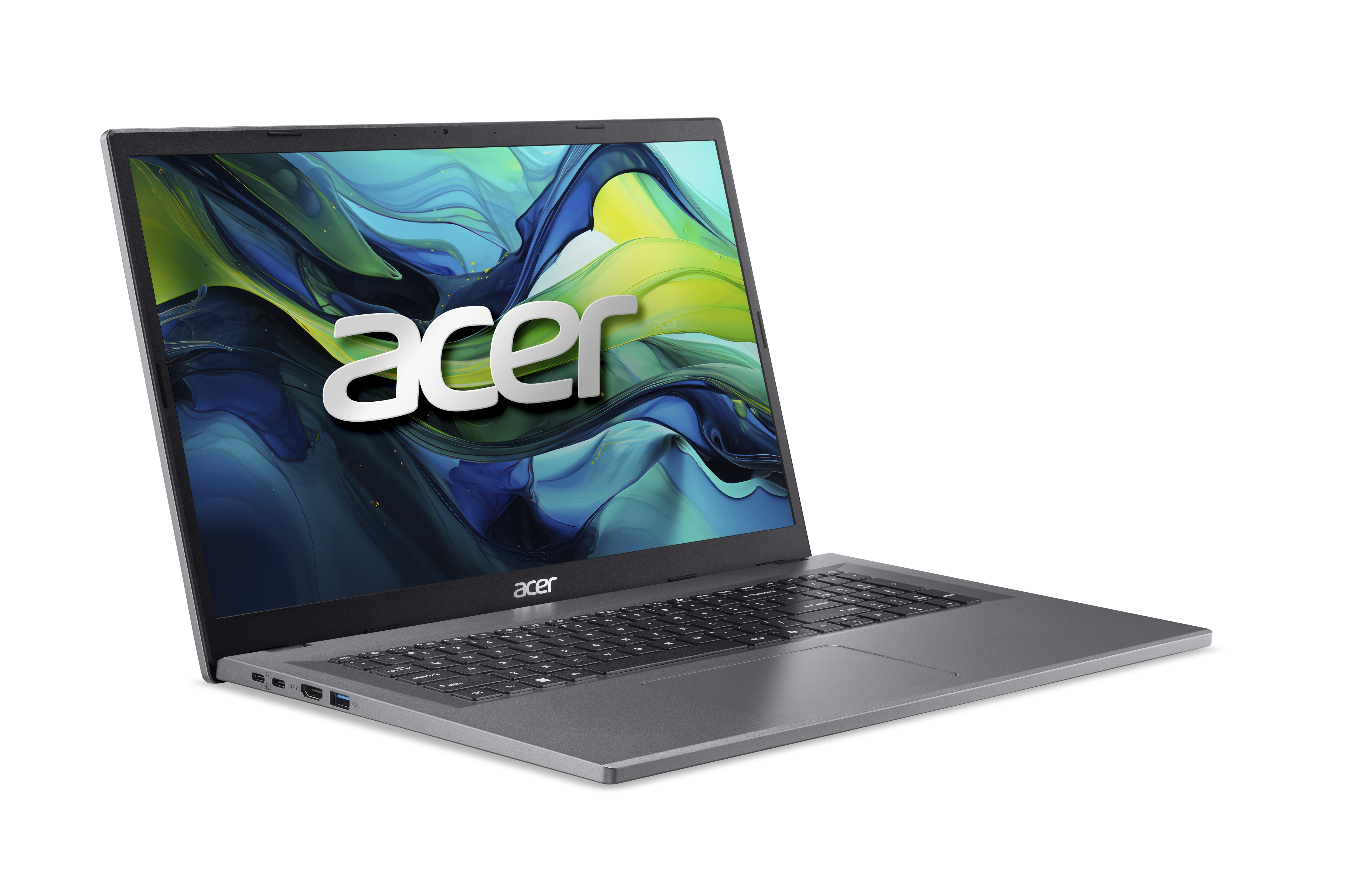 Silberner Laptop, geöffnet auf schwarzem Hintergrund, mit dem Wort Acer auf dem Bildschirm.
