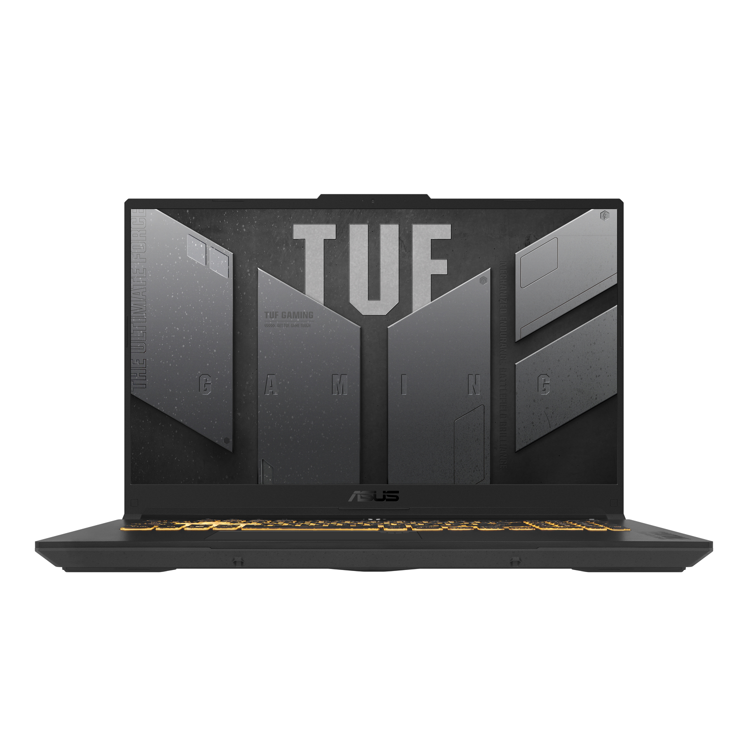 Black laptop with yellow backlit keyboard. The screen displays a TUF gaming logo.