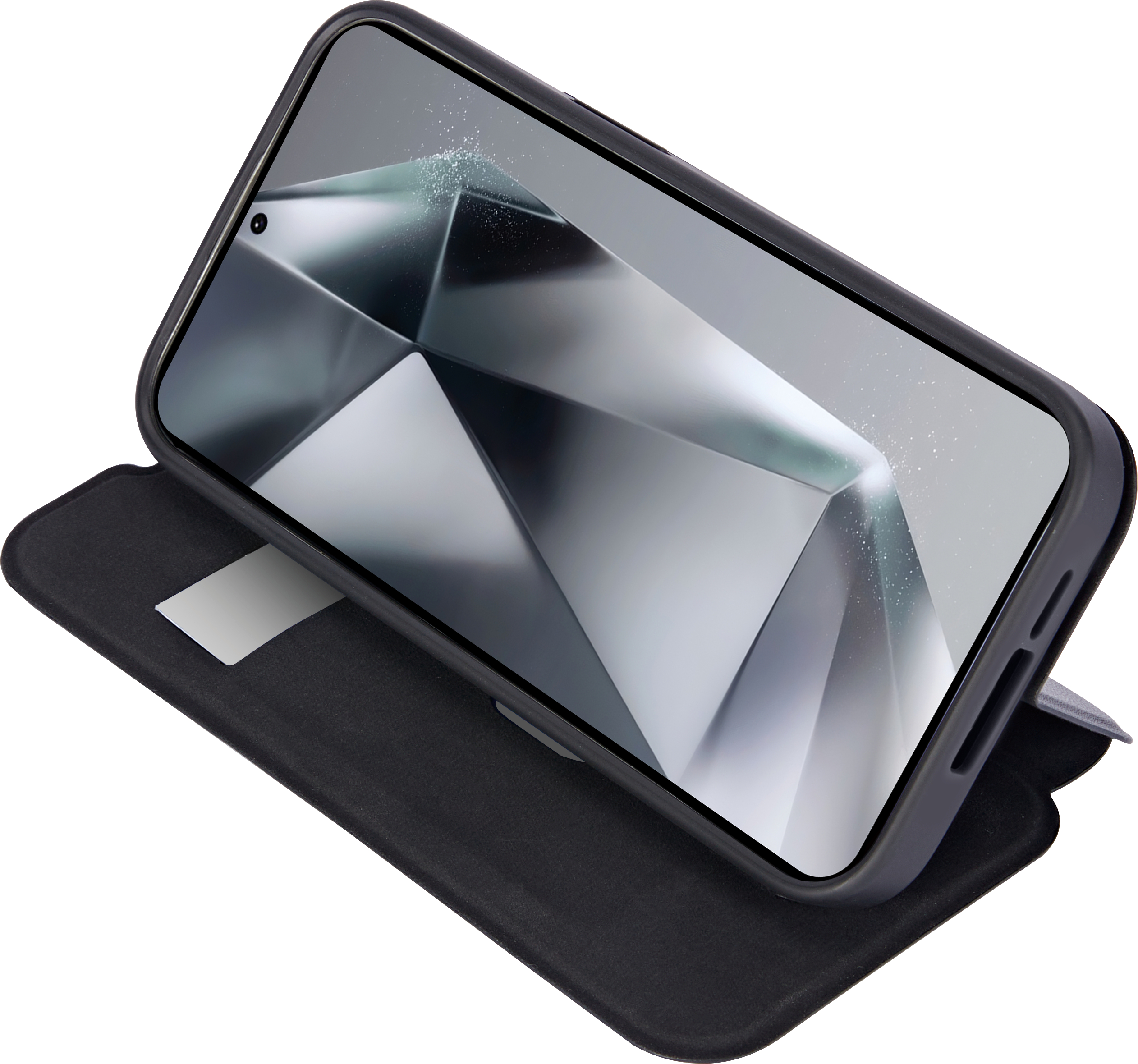 Telefon in schwarzem Gehäuse mit Bildschirm, im Winkel geöffnet, auf weißer Oberfläche.