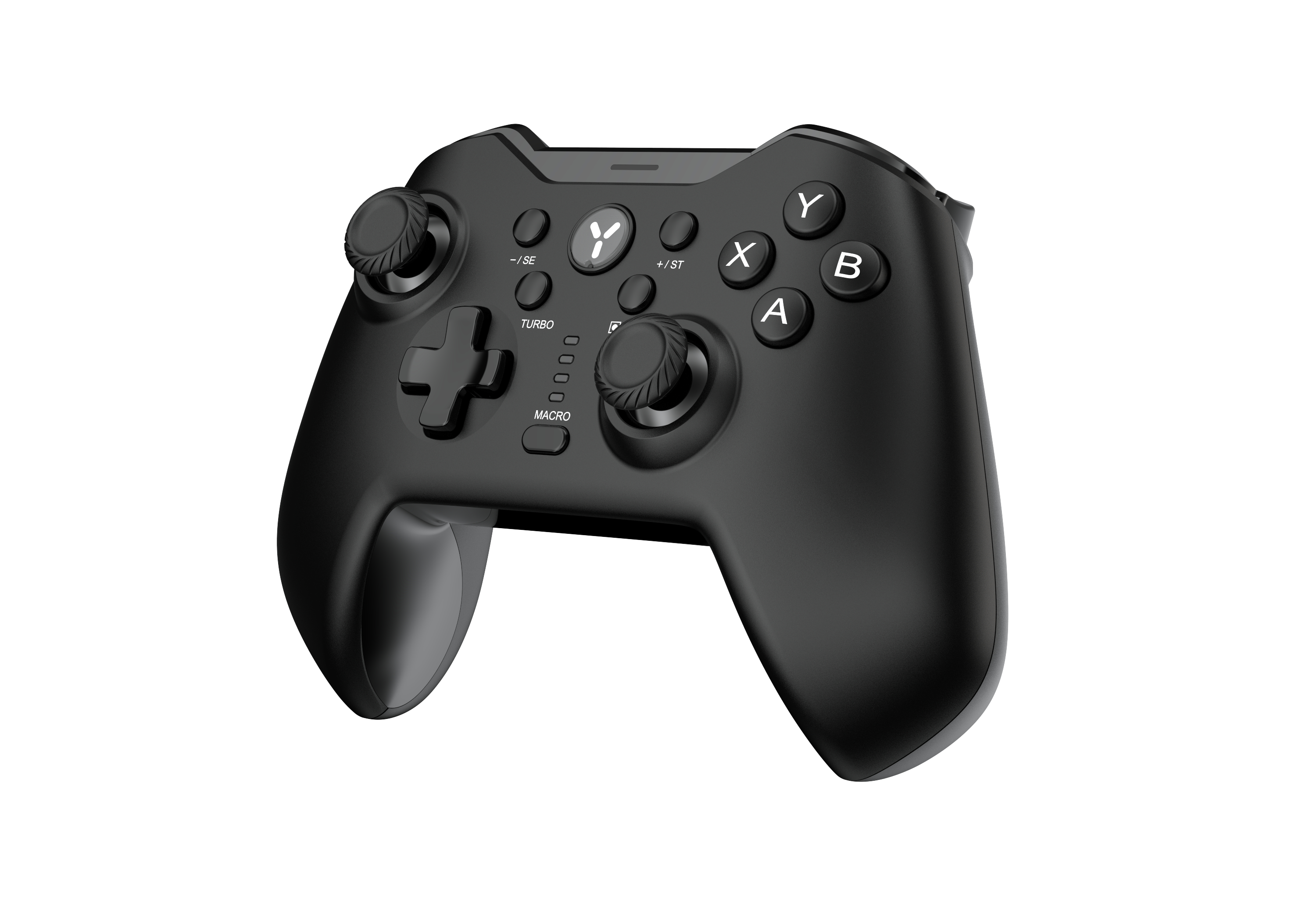 Ein schwarzer Gamecontroller mit Knöpfen, einem Steuerkreuz und Joysticks.