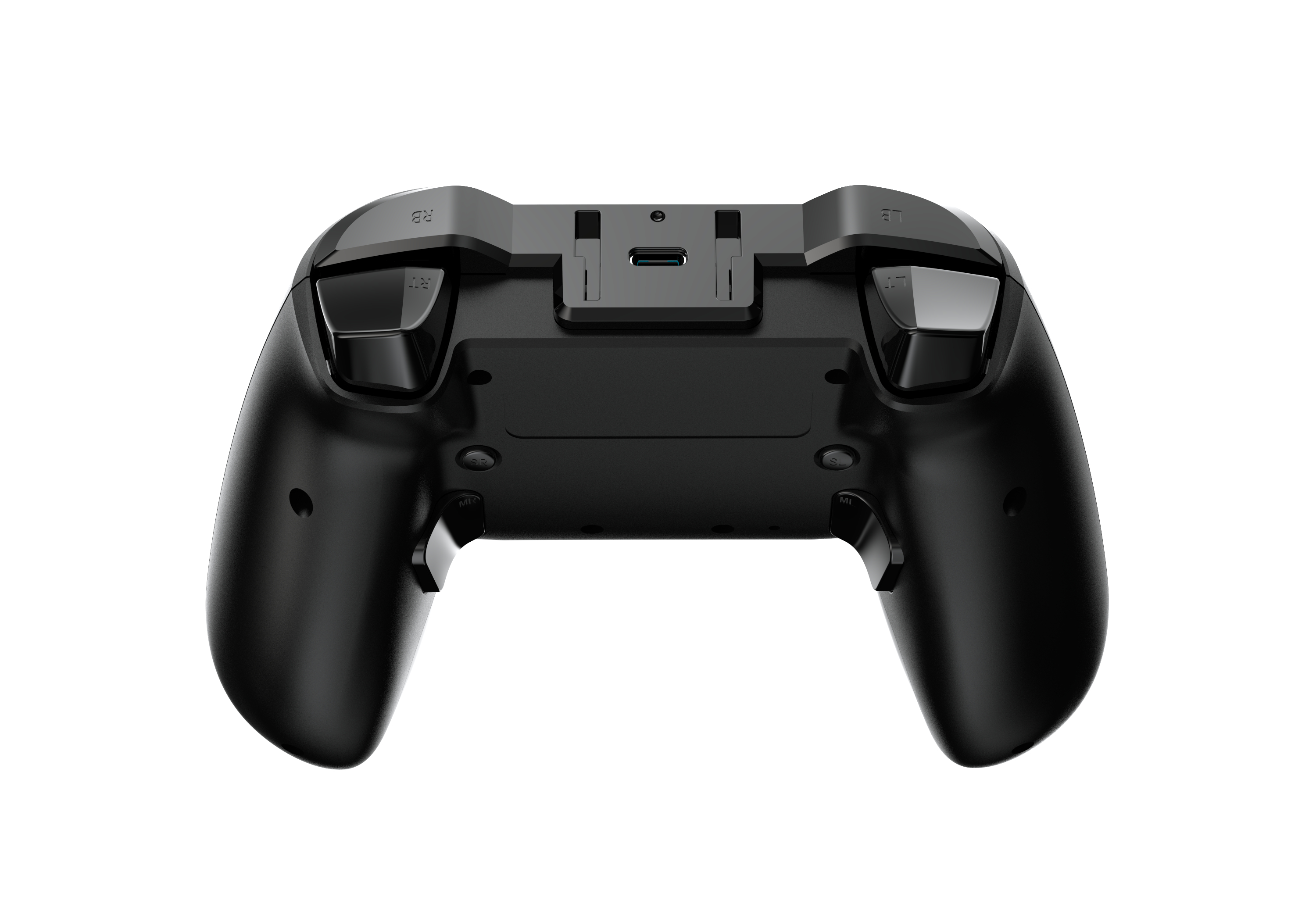 Die Unterseite eines schwarzen Gamecontrollers mit Triggern und Tasten.