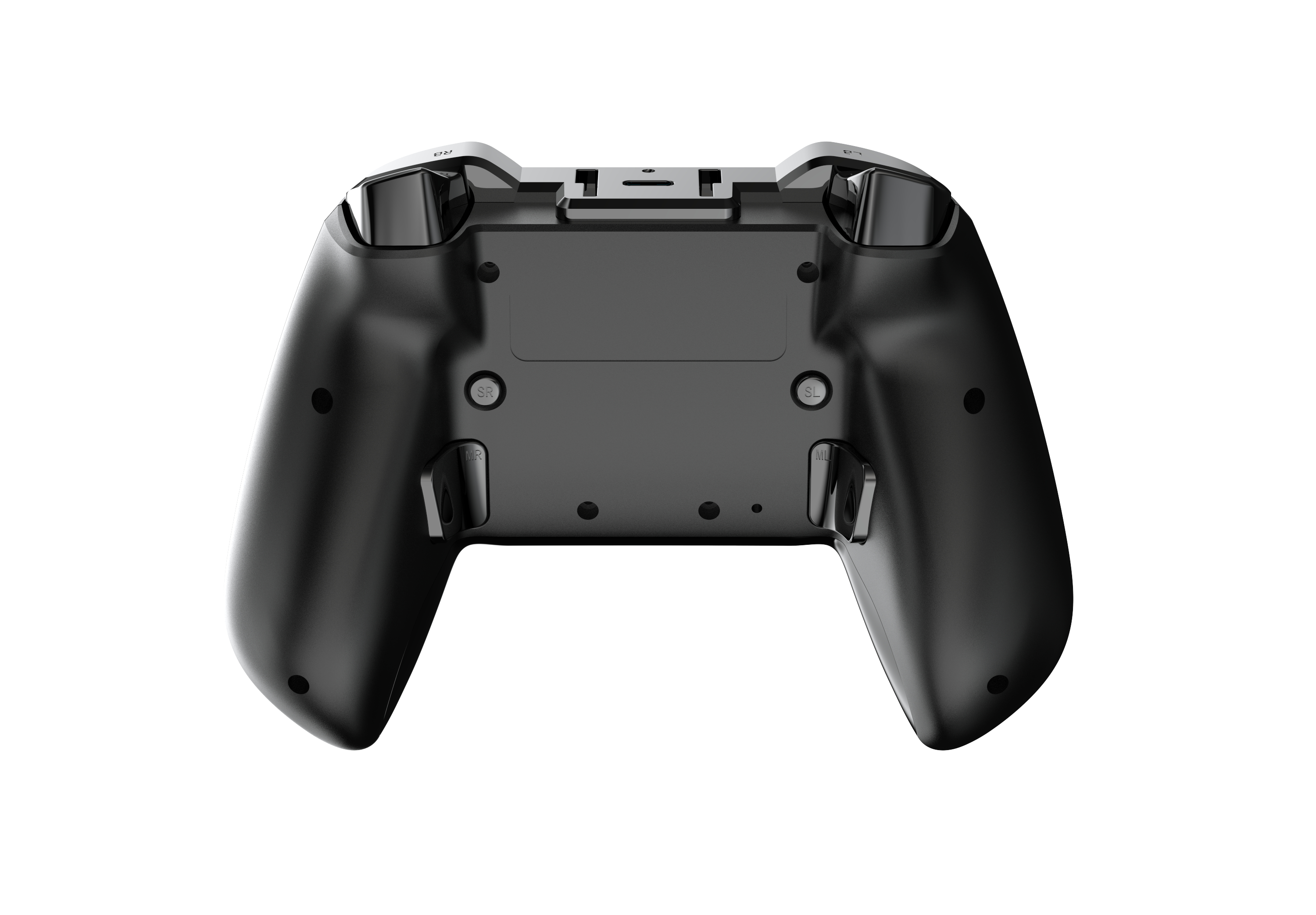Die Rückseite eines schwarzen Gamepads mit verschiedenen Tasten und Batteriefach.