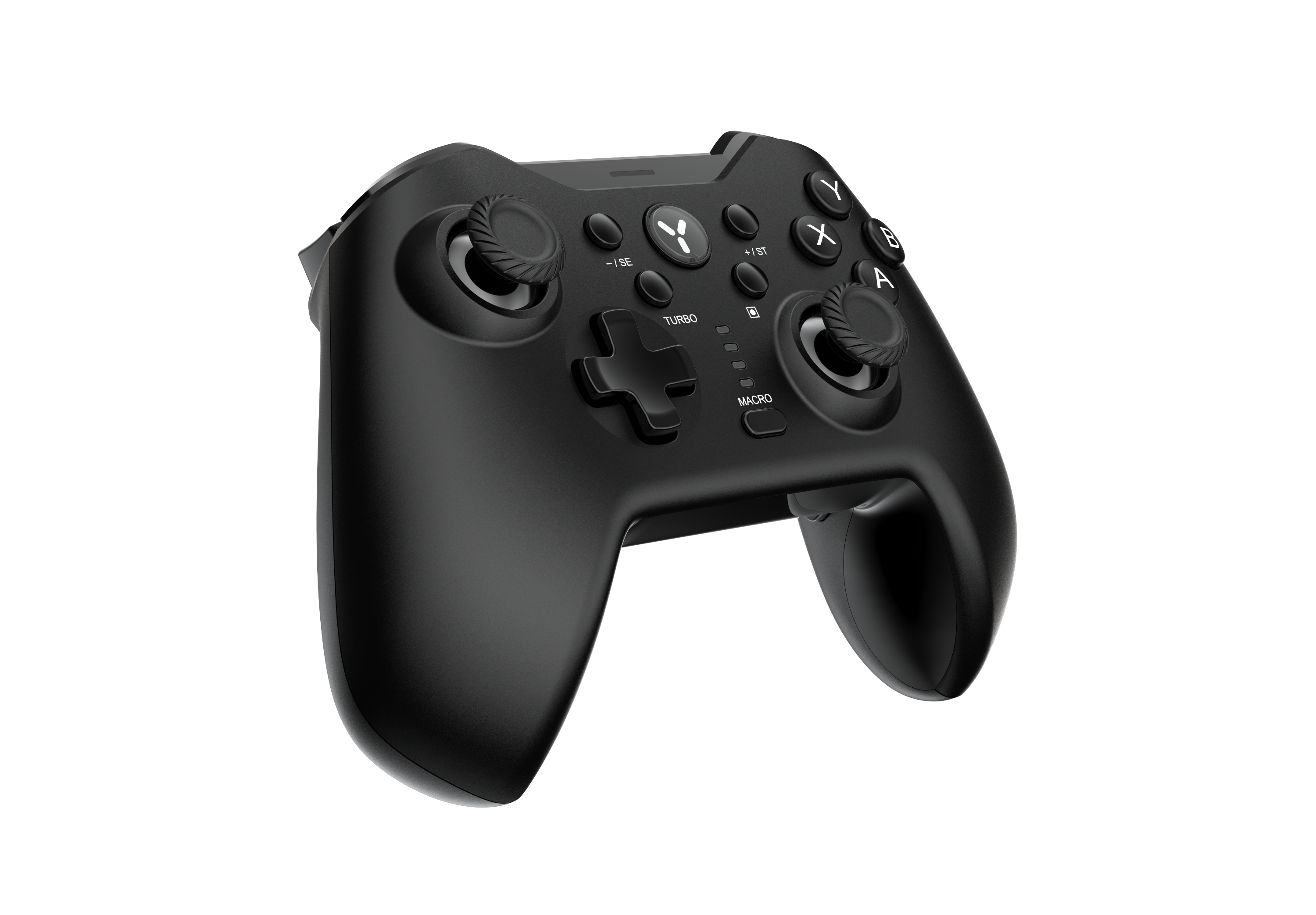 Ein schwarzer Gamecontroller. Die Knöpfe sind sichtbar. Er befindet sich auf weißem Grund.