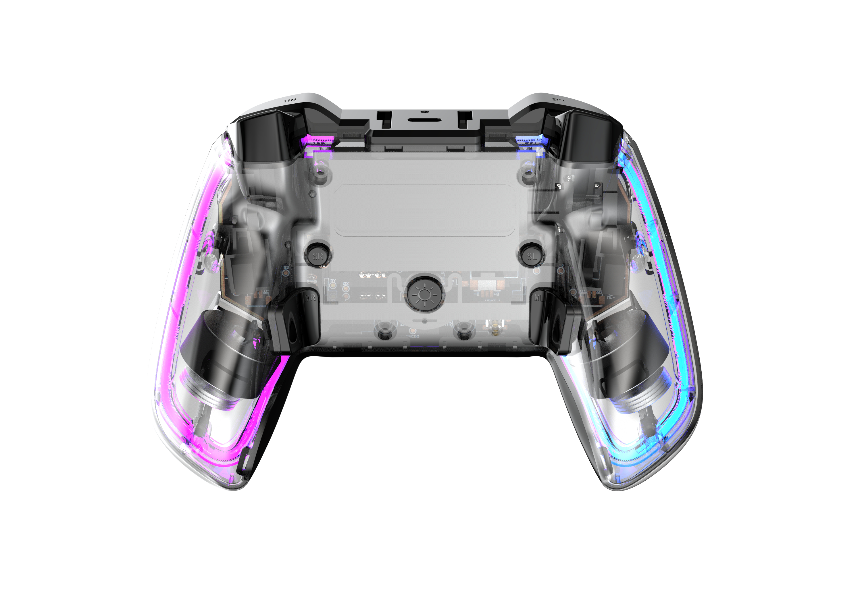 Ein transparenter Game-Controller mit farbigen Lichtern im Inneren.