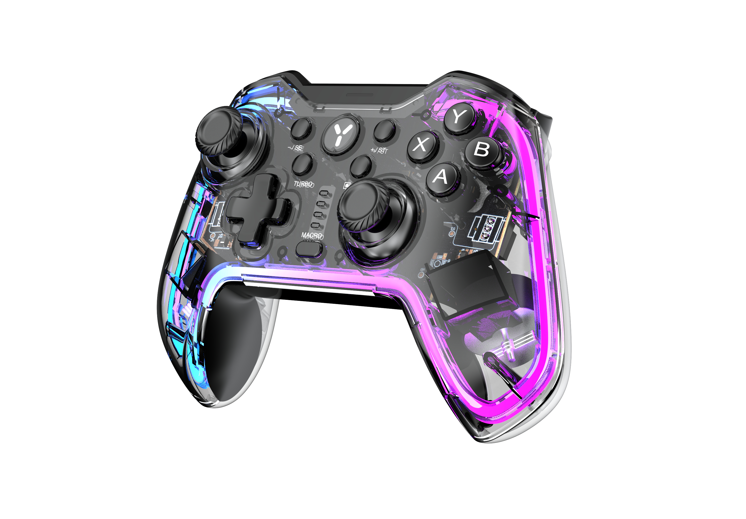 Transparenter Gamecontroller mit bunten Lichtern. Knöpfe und interne Komponenten sind sichtbar. Isoliert auf Weiß.