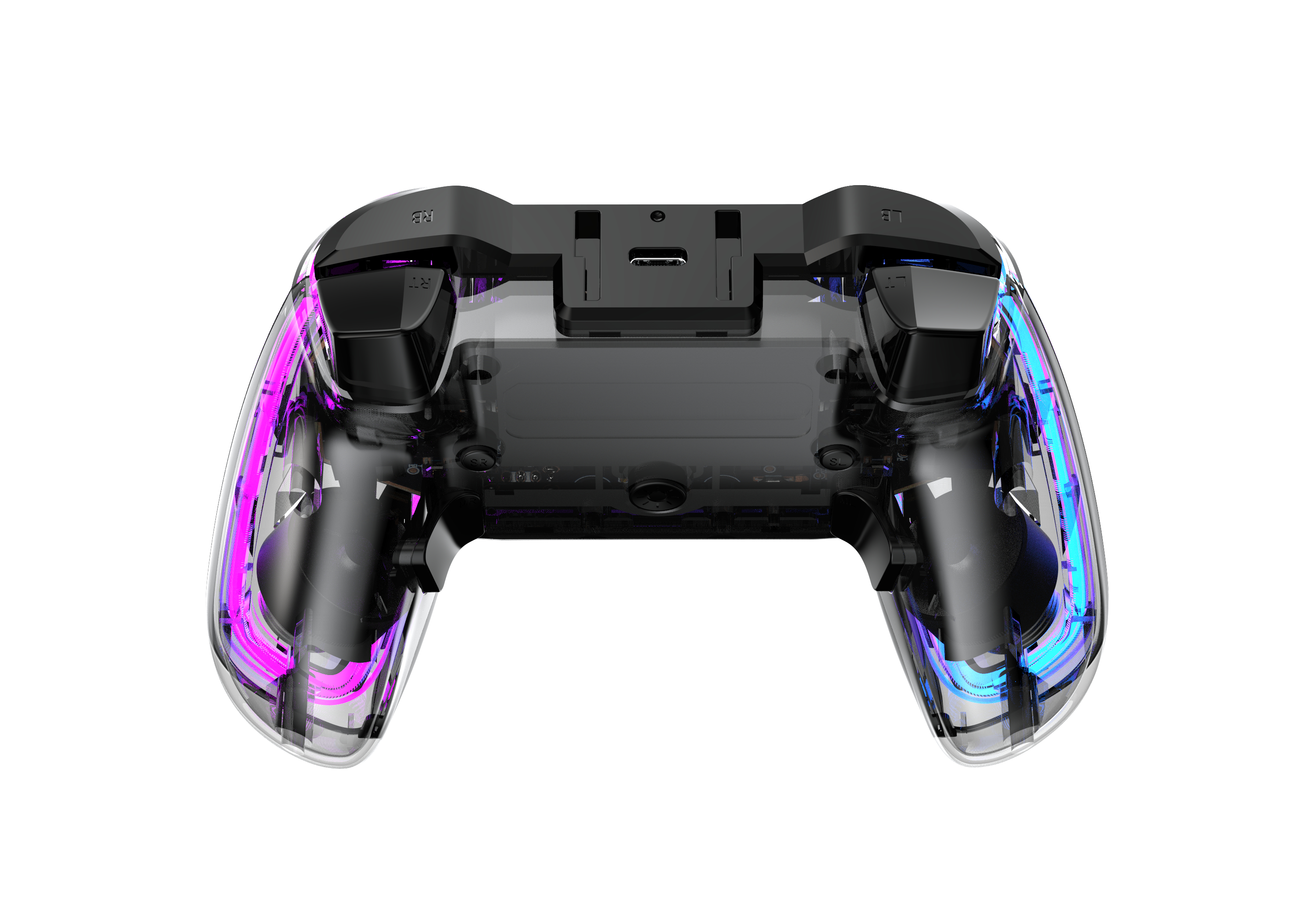 Ein transparenter schwarzer Gamecontroller mit violetter und blauer Innenbeleuchtung, auf weißem Hintergrund.