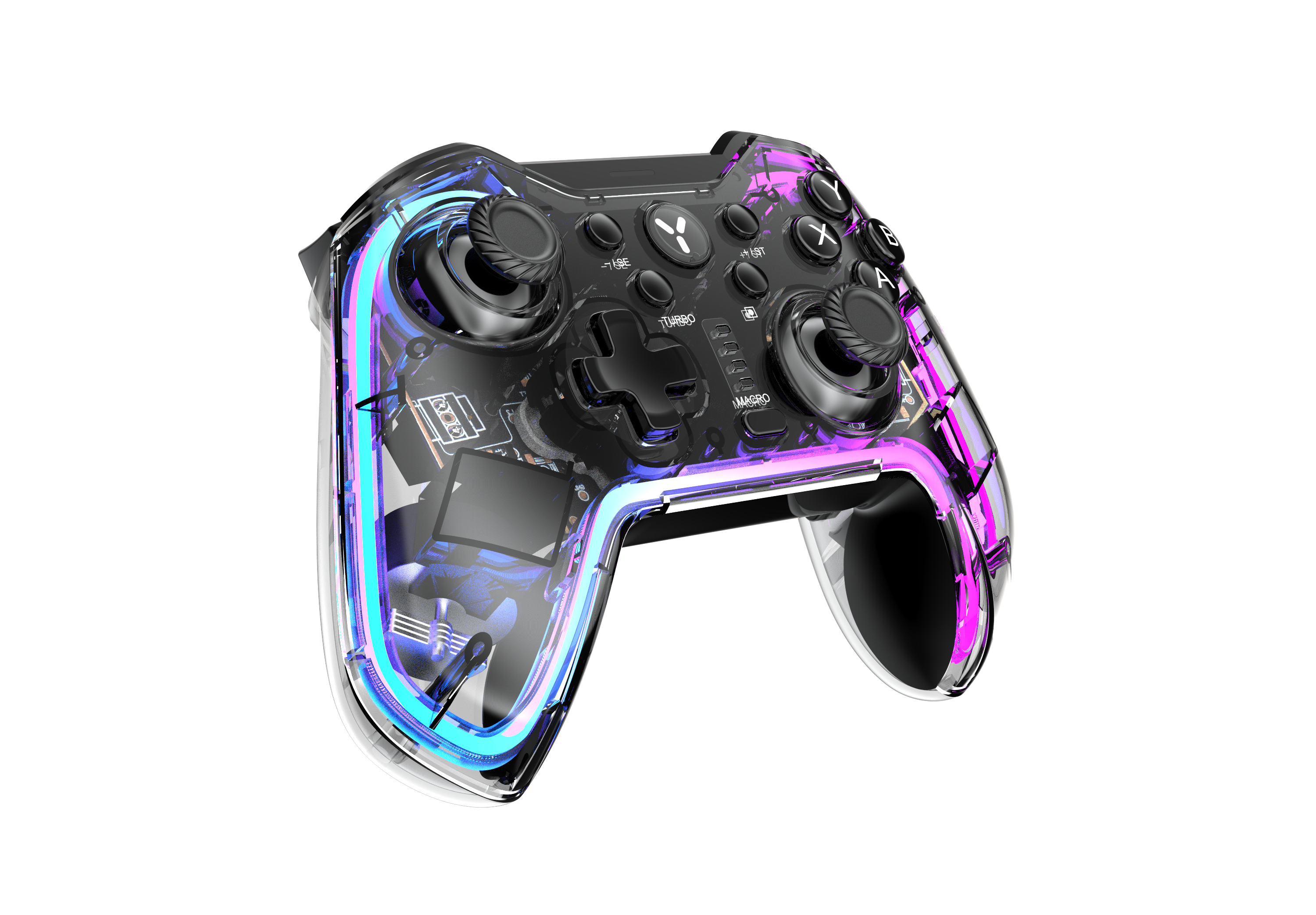 Transparenter Gaming-Controller mit bunten Lichtern und sichtbaren Innenteilen.