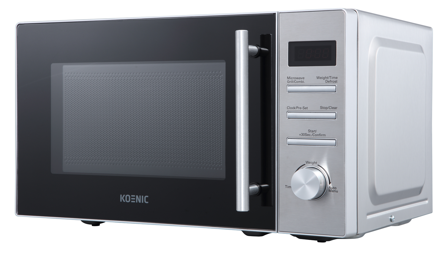 Horno microondas plateado con puerta negra. Pantalla digital y panel de control en el lado derecho.